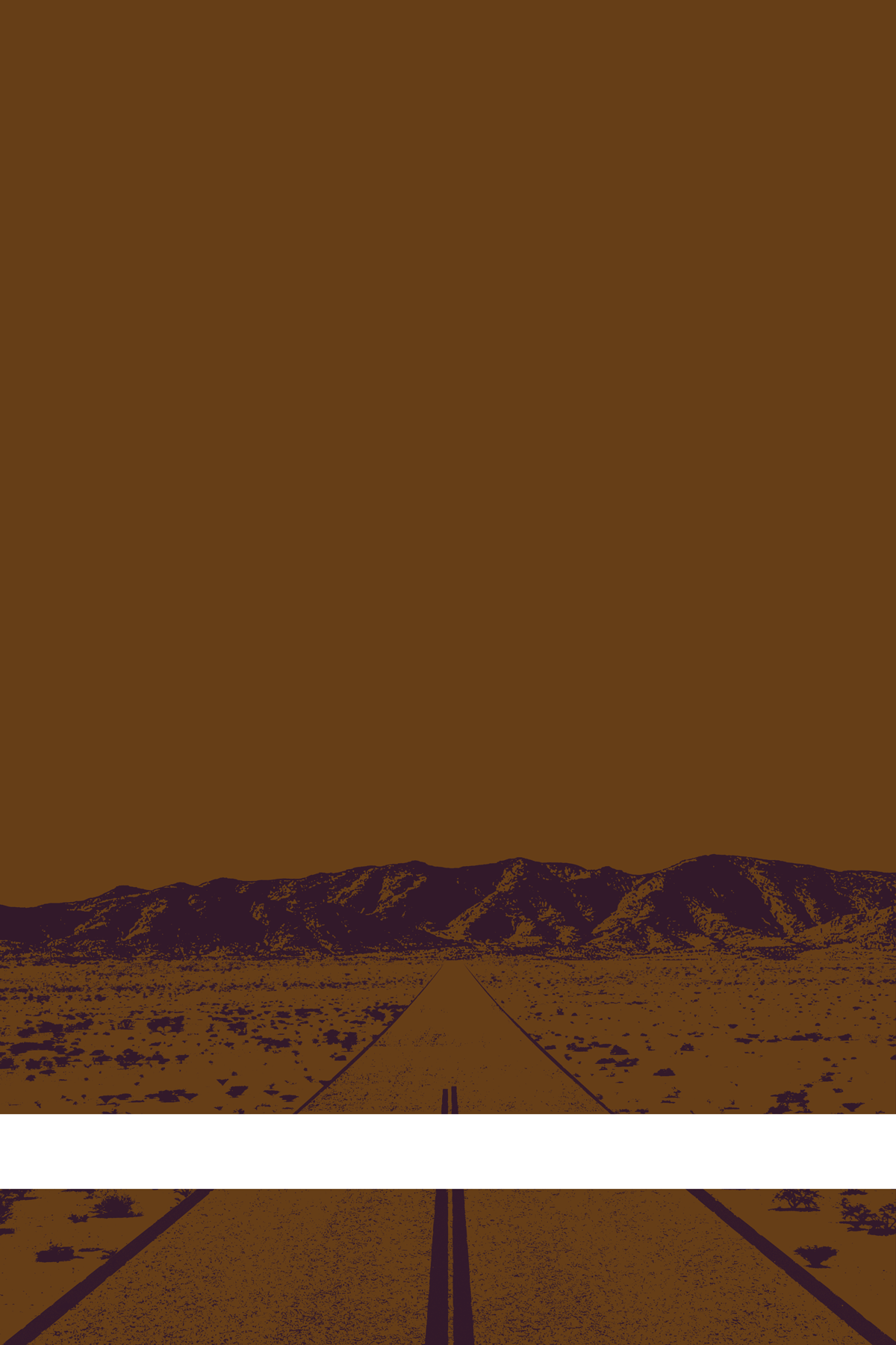 A view of Mercury Valley, Nevada, facing toward the northwest. The composition is rendered in brown and purple. A prominent white line stretches across the composition near the bottom of the view.