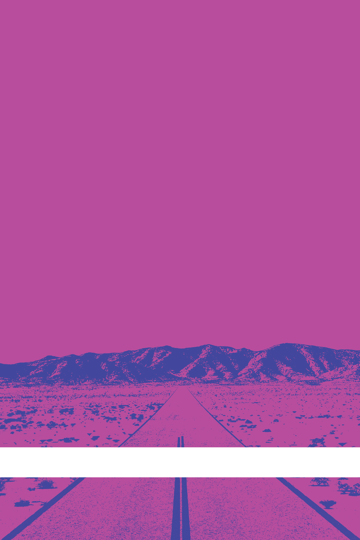 A view of Mercury Valley, Nevada, facing toward the northwest. The composition is rendered in light purple and blue. A prominent white line stretches across the composition near the bottom of the view.