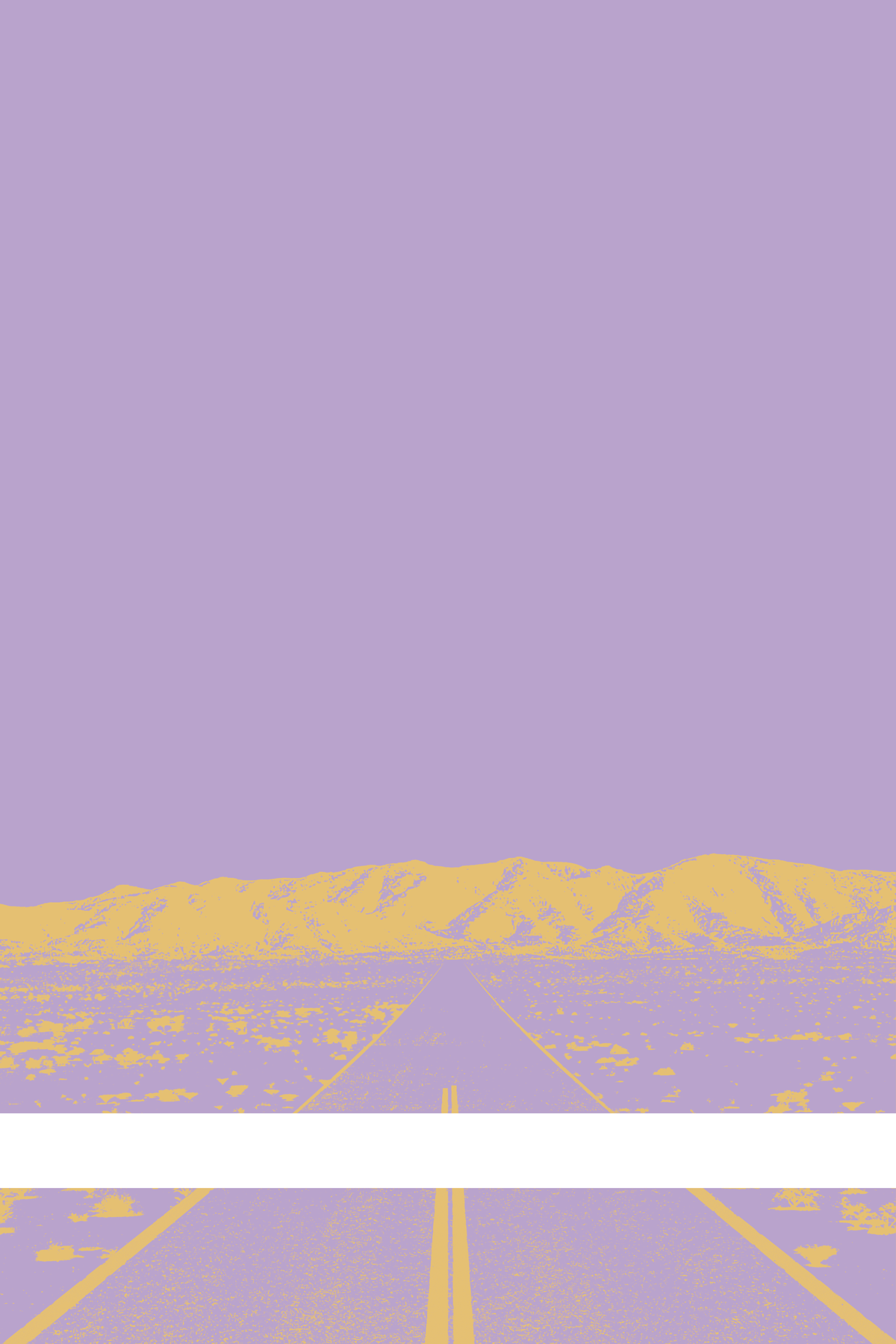 A view of Mercury Valley, Nevada, facing toward the northwest. The composition is rendered in light purple and yellow. A prominent white line stretches across the composition near the bottom of the view.