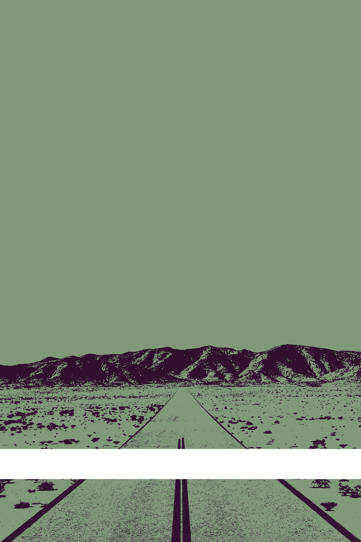 A view of Mercury Valley, Nevada, facing toward the northwest. The composition is rendered in light grayish green and dark purple. A prominent white line stretches across the composition near the bottom of the view.