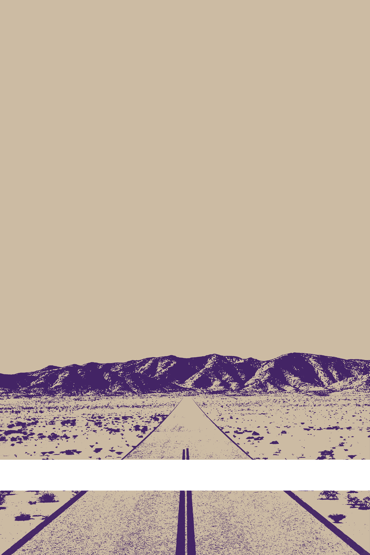 A view of Mercury Valley, Nevada, facing toward the northwest. The composition is rendered in light brown and dark purple. A prominent white line stretches across the composition near the bottom of the view.