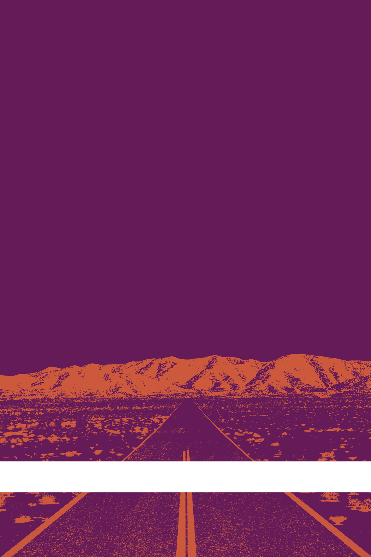 A view of Mercury Valley, Nevada, facing toward the northwest. The composition is rendered in purple and orange. A prominent white line stretches across the composition near the bottom of the view.