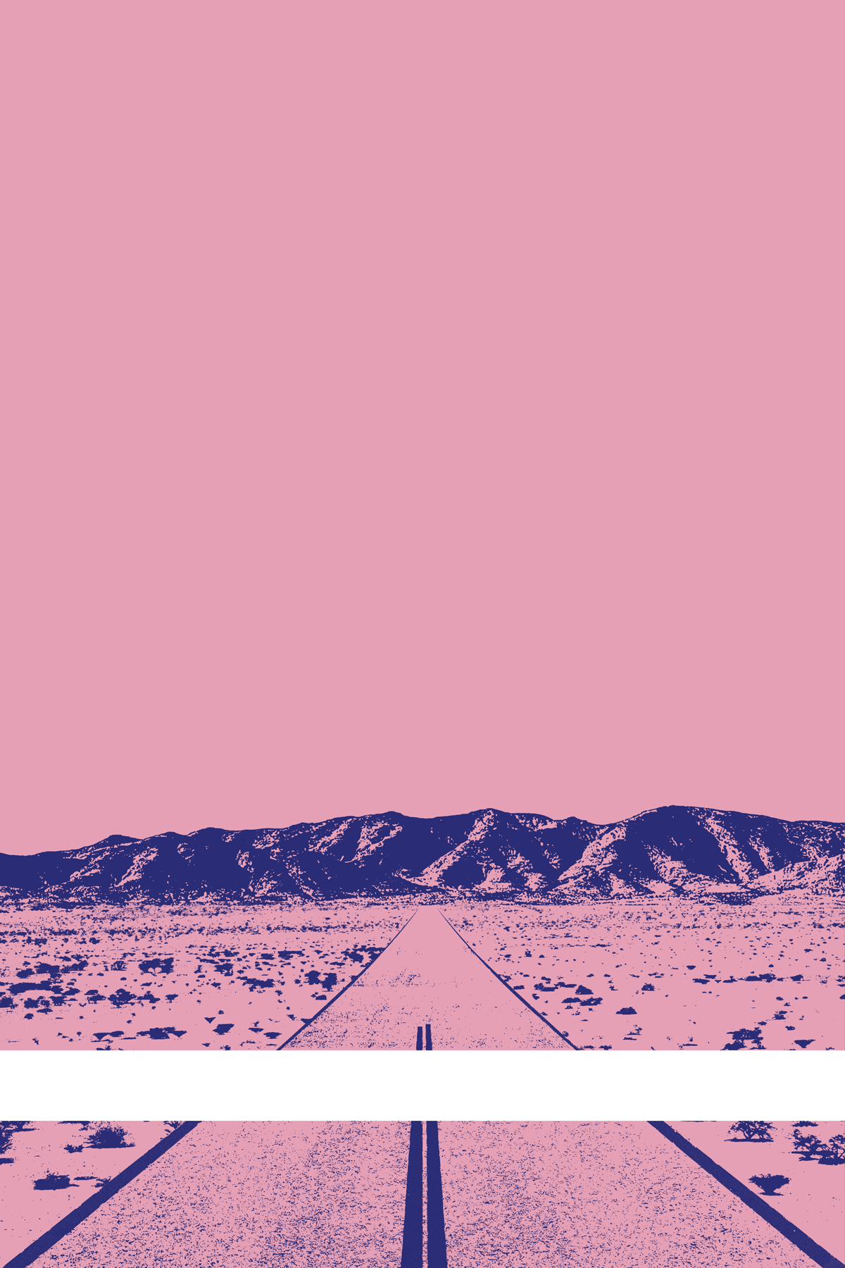 A view of Mercury Valley, Nevada, facing toward the northwest. The composition is rendered in pink and purple. A prominent white line stretches across the composition near the bottom of the view.