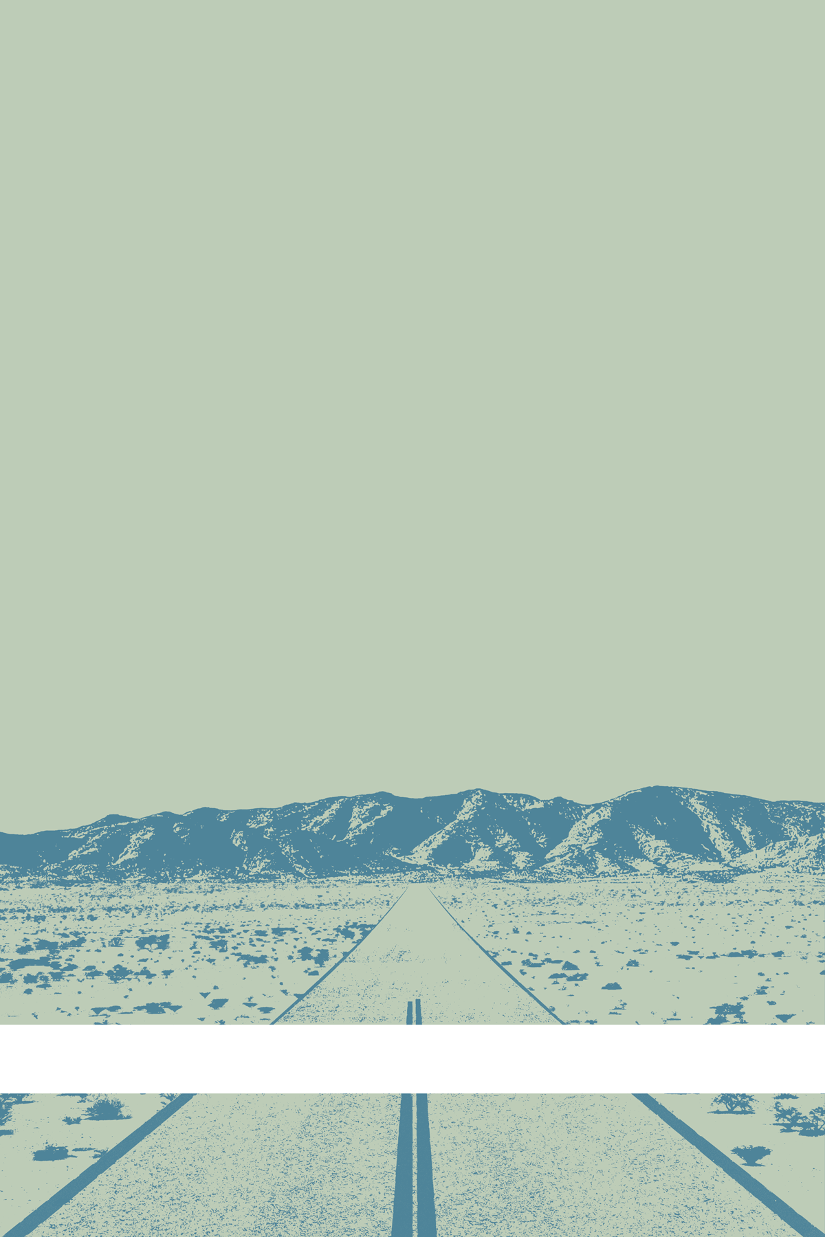 A view of Mercury Valley, Nevada, facing toward the northwest. The composition is rendered in light gray and light blue. A prominent white line stretches across the composition near the bottom of the view.