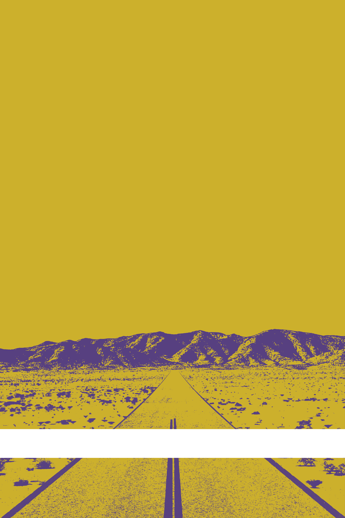 A view of Mercury Valley, Nevada, facing toward the northwest. The composition is rendered in dark yellow and purple. A prominent white line stretches across the composition near the bottom of the view.