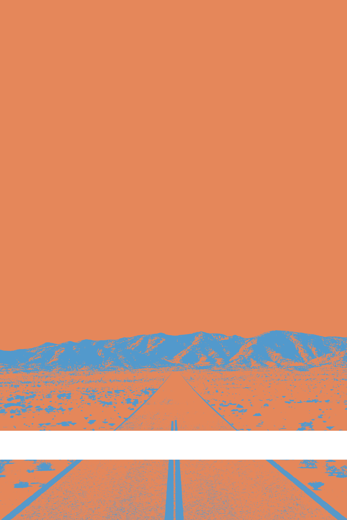 A view of Mercury Valley, Nevada, facing toward the northwest. The composition is rendered in light orange and light blue. A prominent white line stretches across the composition near the bottom of the view.