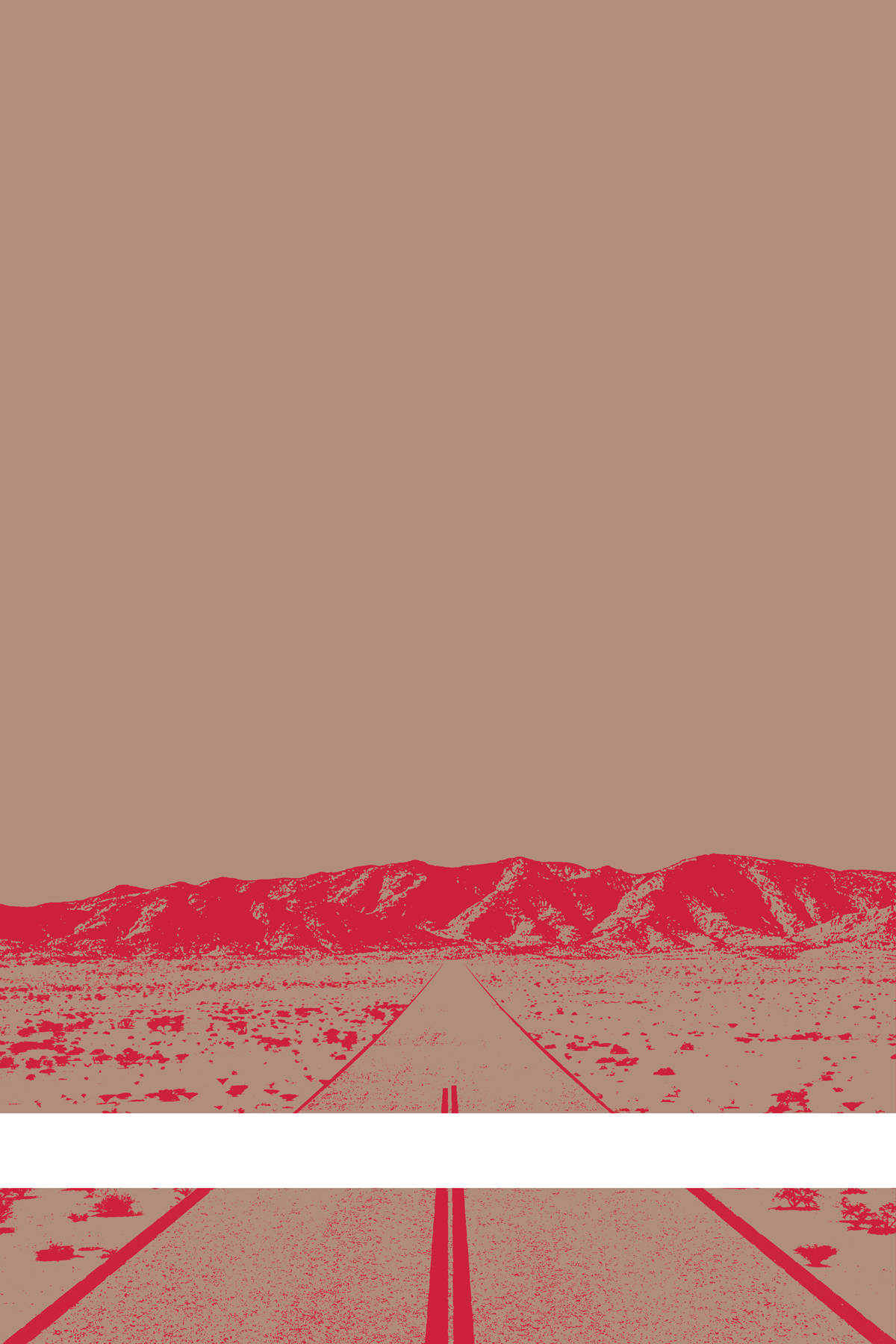 A view of Mercury Valley, Nevada, facing toward the northwest. The composition is rendered in light brown and red. A prominent white line stretches across the composition near the bottom of the view.