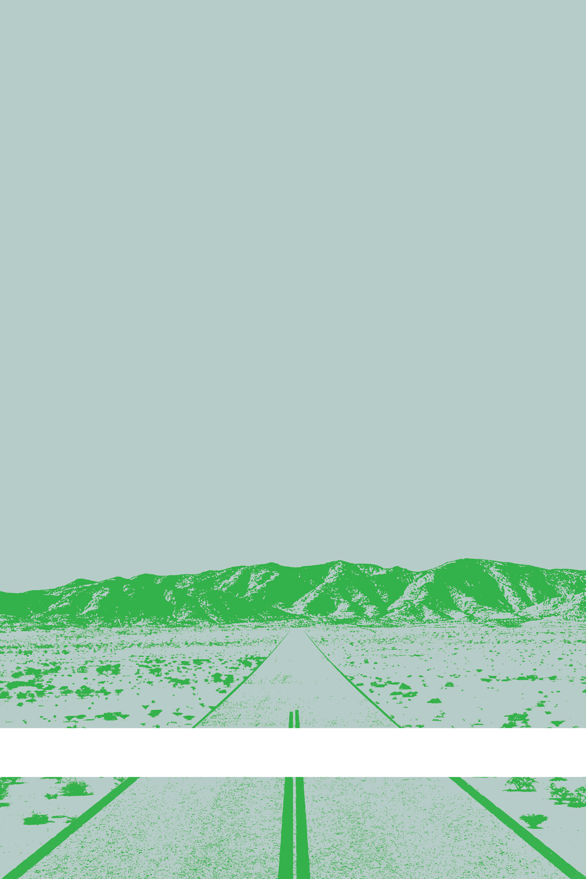 A view of Mercury Valley, Nevada, facing toward the northwest. The composition is rendered in light blue and green. A prominent white line stretches across the composition near the bottom of the view.