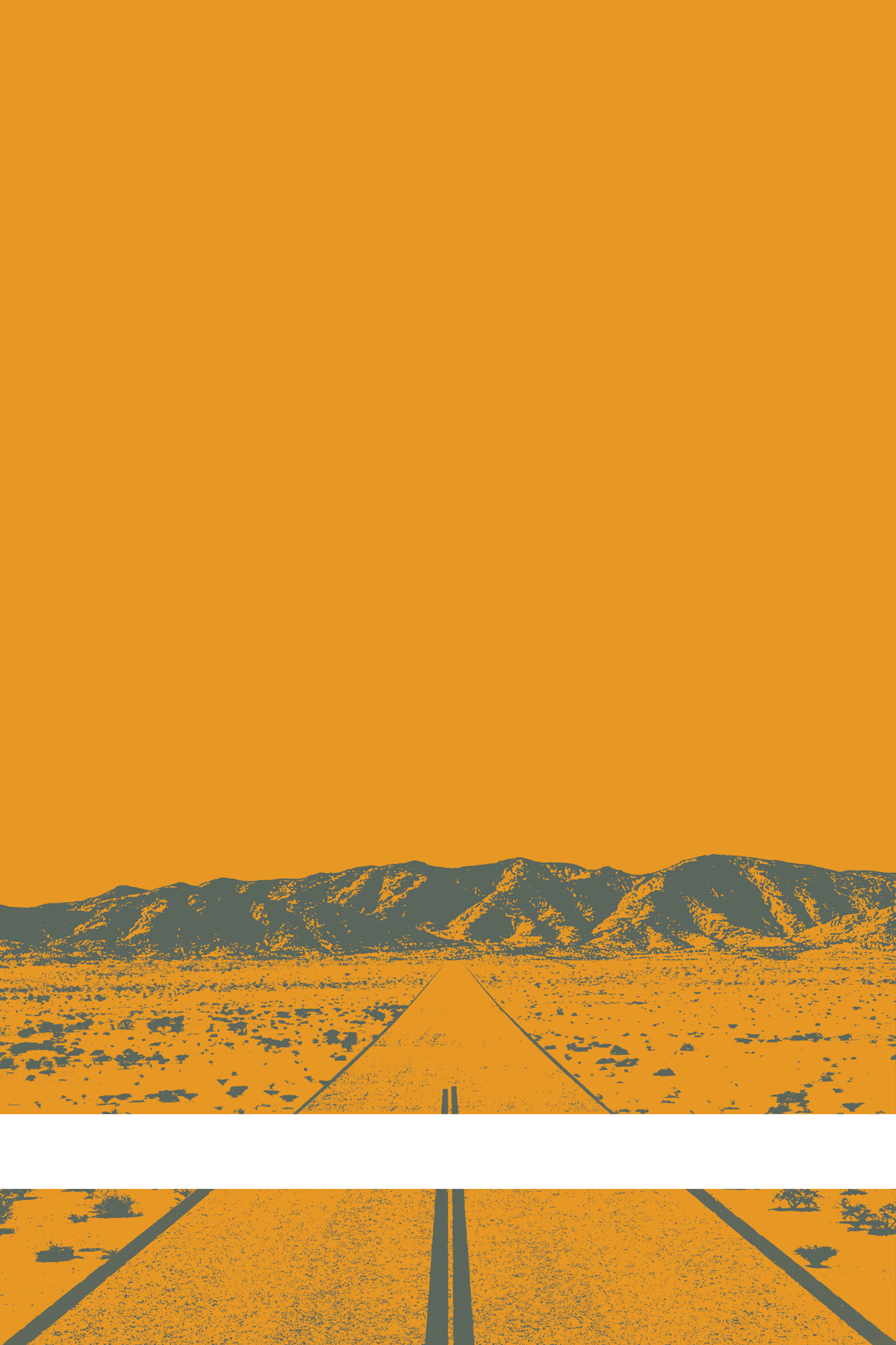 A view of Mercury Valley, Nevada, facing toward the northwest. The composition is rendered in orange and gray. A prominent white line stretches across the composition near the bottom of the view.