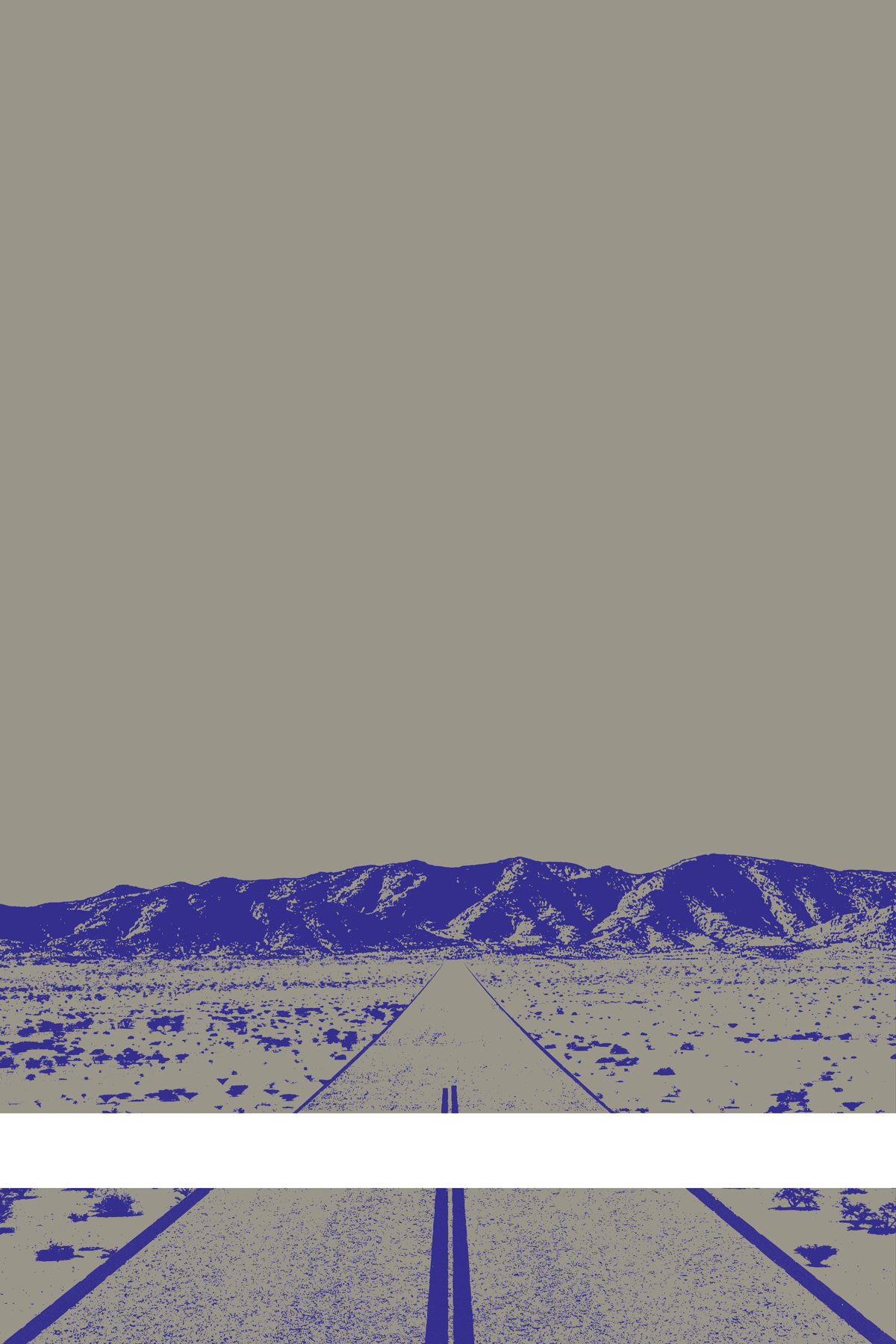 A view of Mercury Valley, Nevada, facing toward the northwest. The composition is rendered in gray and dark blue. A prominent white line stretches across the composition near the bottom of the view.