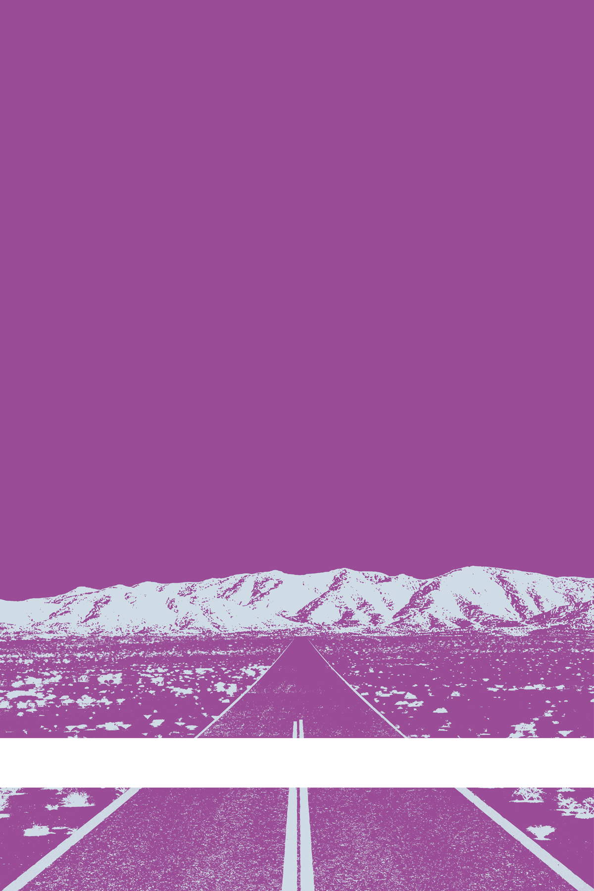 A view of Mercury Valley, Nevada, facing toward the northwest. The composition is rendered in purple and light gray-blue. A prominent white line stretches across the composition near the bottom of the view.