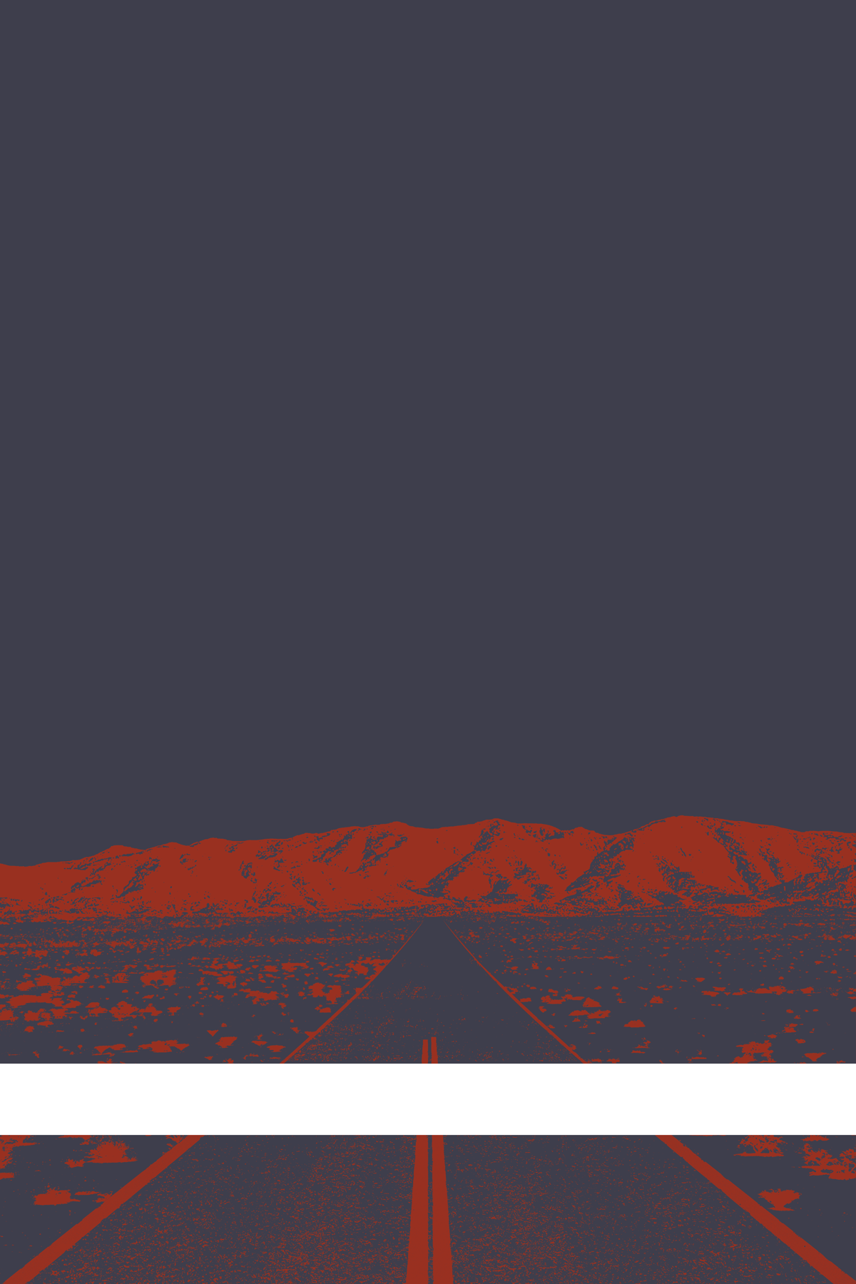 A view of Mercury Valley, Nevada, facing toward the northwest. The composition is rendered in dark grayish blue and red-orange. A prominent white line stretches across the composition near the bottom of the view.