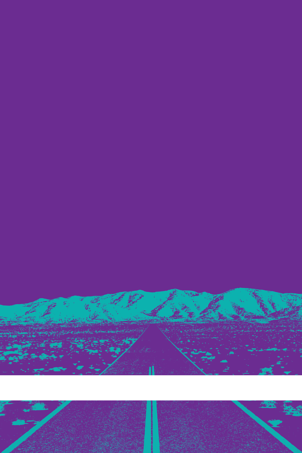 A view of Mercury Valley, Nevada, facing toward the northwest. The composition is rendered in purple and blue. A prominent white line stretches across the composition near the bottom of the view.