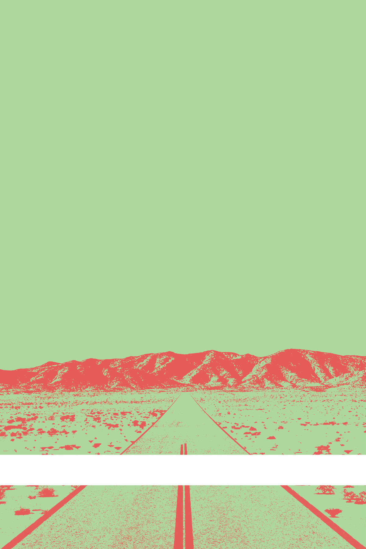 A view of Mercury Valley, Nevada, facing toward the northwest. The composition is rendered in light green and light red. A prominent white line stretches across the composition near the bottom of the view.