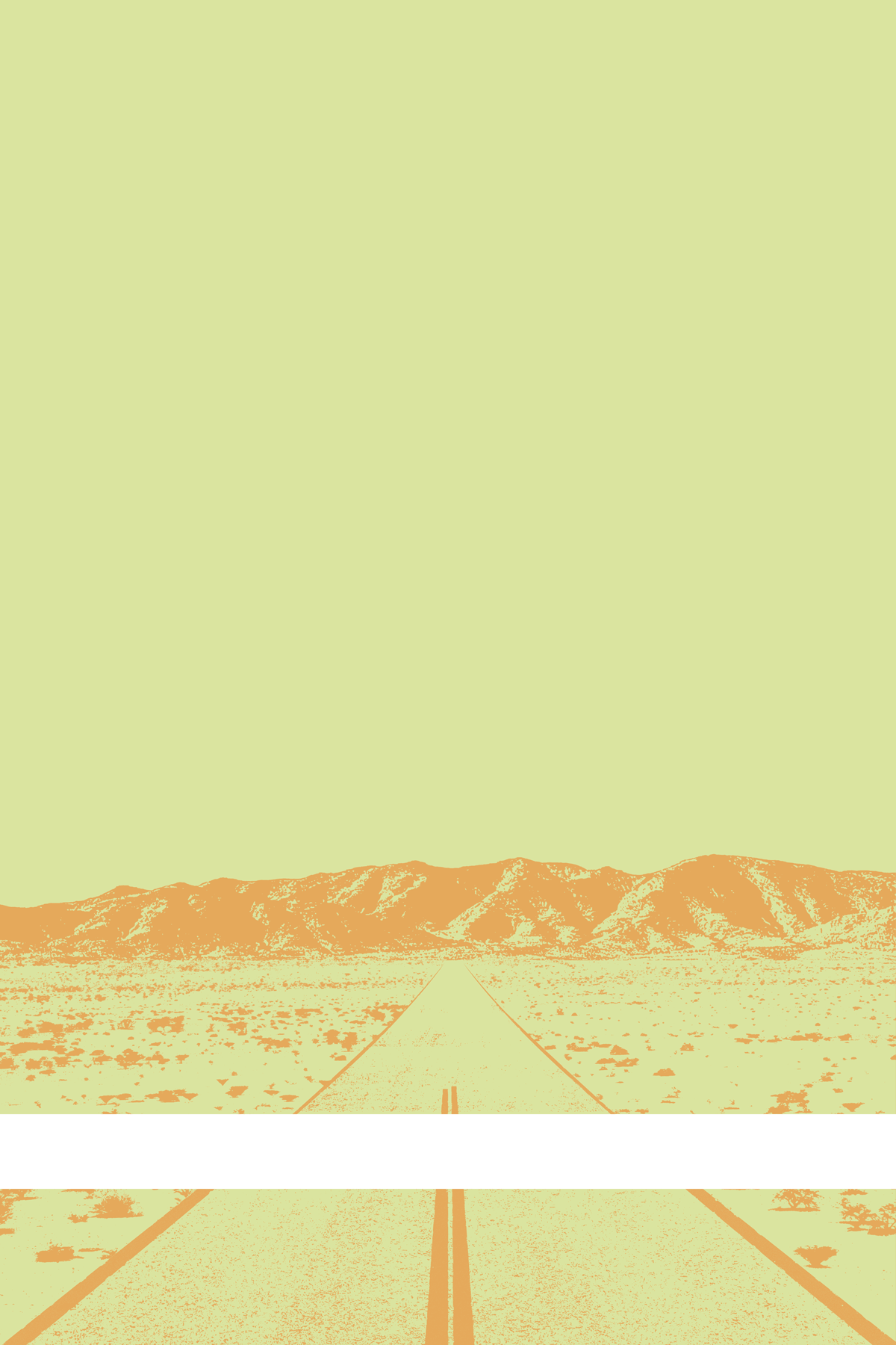 A view of Mercury Valley, Nevada, facing toward the northwest. The composition is rendered in light yellow and light orange. A prominent white line stretches across the composition near the bottom of the view.