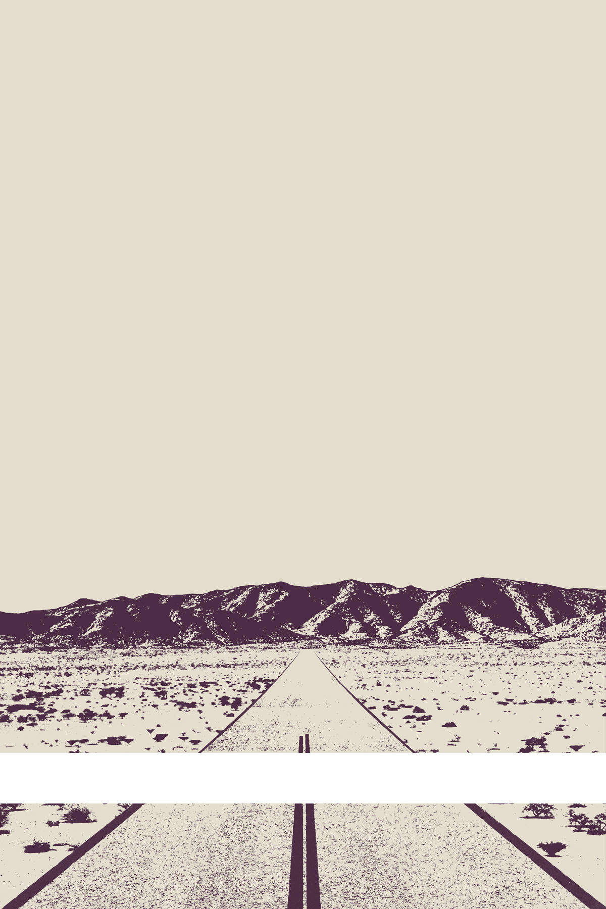 A view of Mercury Valley, Nevada, facing toward the northwest. The composition is rendered in off-white and dark brown. A prominent white line stretches across the composition near the bottom of the view.