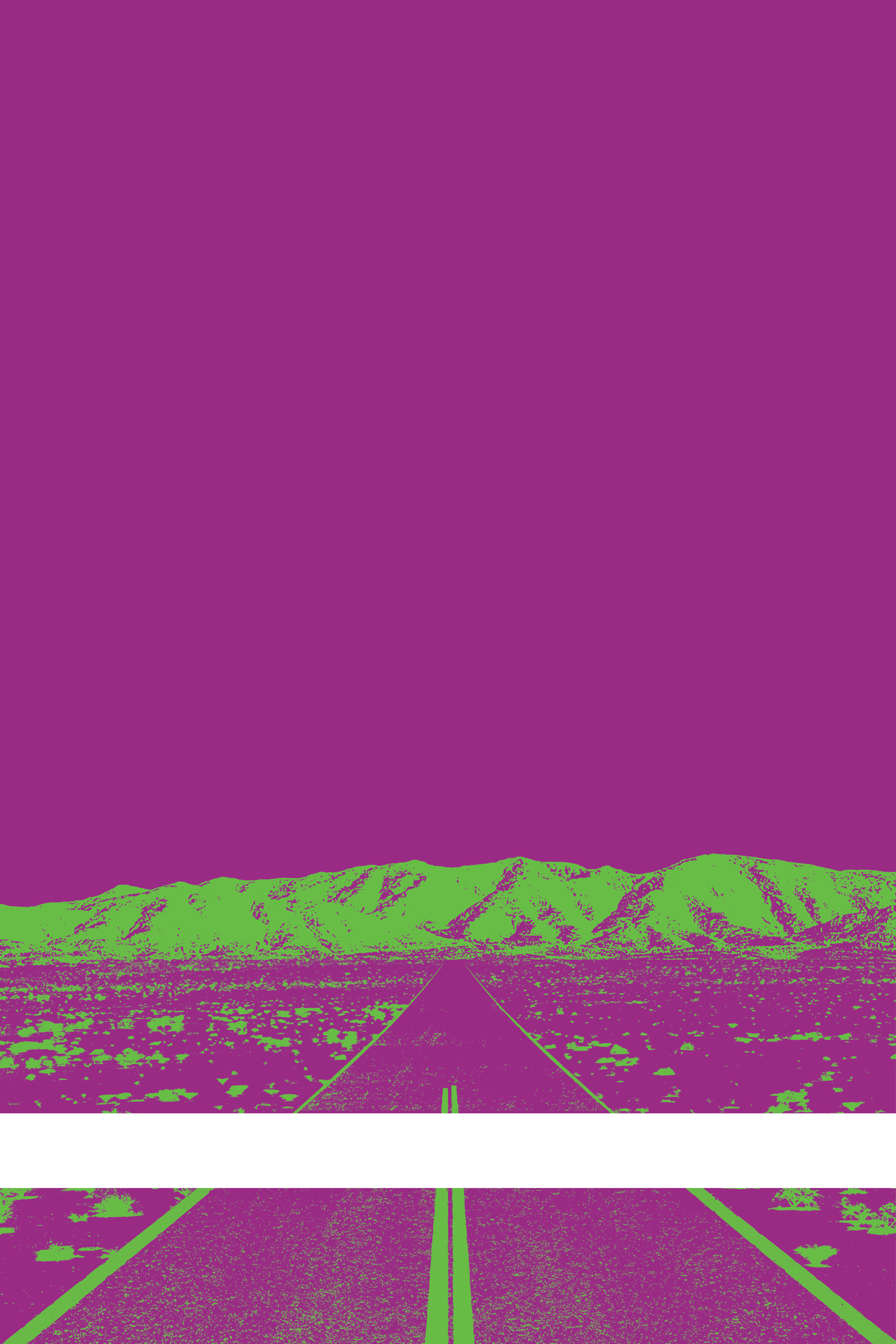 A view of Mercury Valley, Nevada, facing toward the northwest. The composition is rendered in purple and green. A prominent white line stretches across the composition near the bottom of the view.