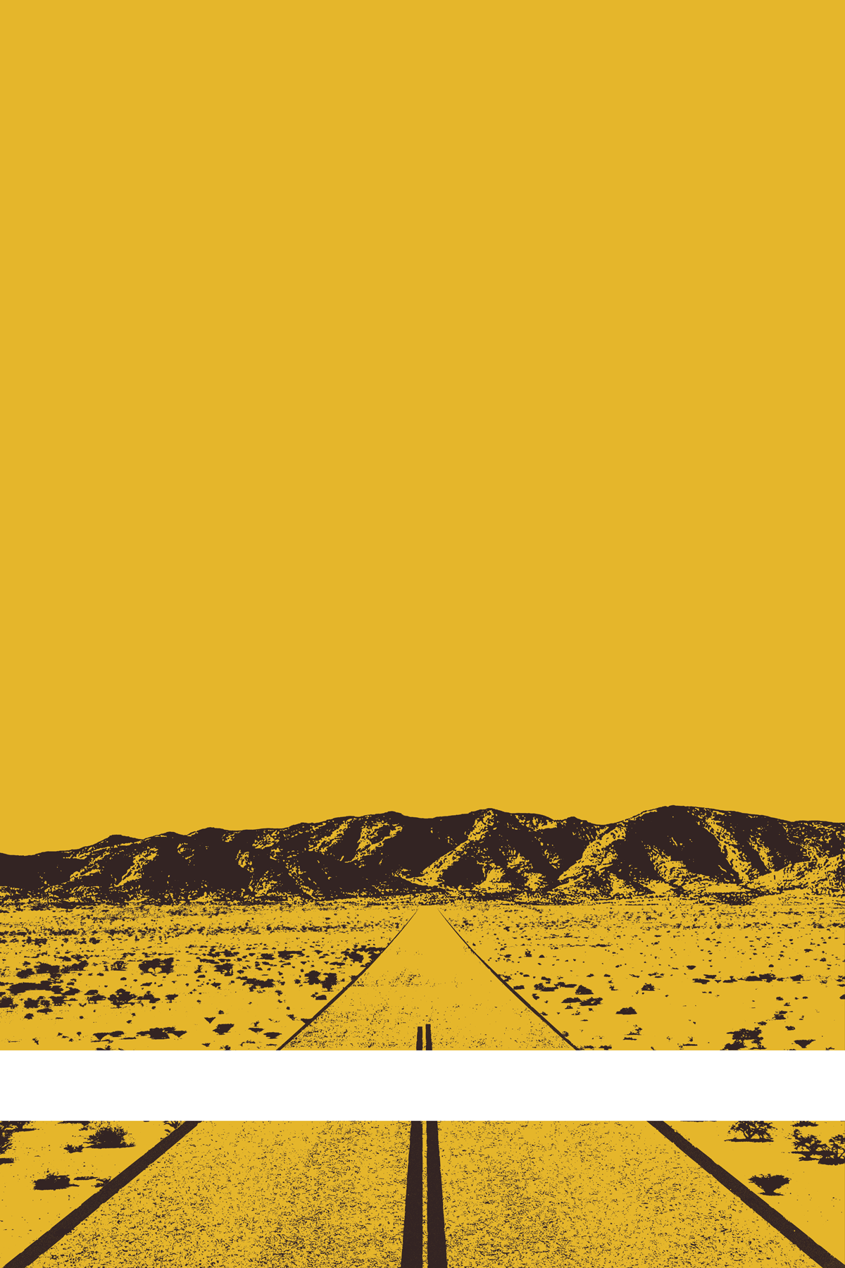 A view of Mercury Valley, Nevada, facing toward the northwest. The composition is rendered in yellow and brown. A prominent white line stretches across the composition near the bottom of the view.