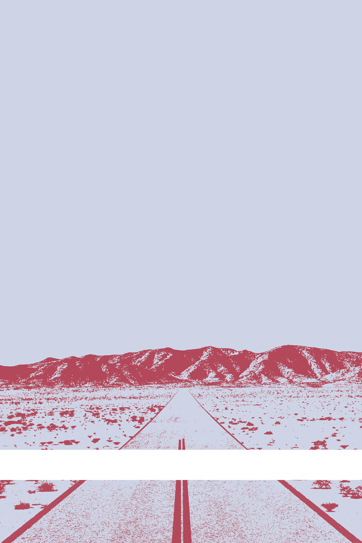 A view of Mercury Valley, Nevada, facing toward the northwest. The composition is rendered in light grayish blue and dark red. A prominent white line stretches across the composition near the bottom of the view.