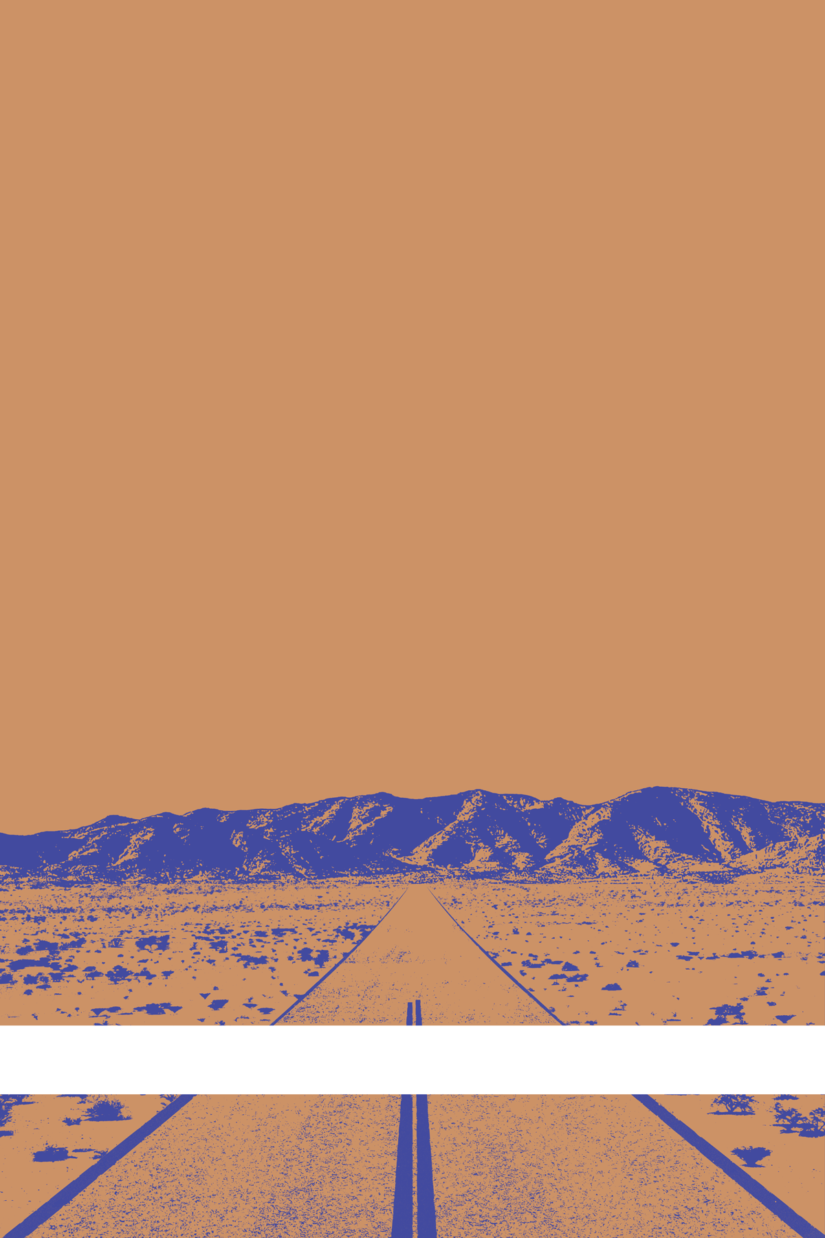 A view of Mercury Valley, Nevada, facing toward the northwest. The composition is rendered in light brownish orange and blue. A prominent white line stretches across the composition near the bottom of the view.