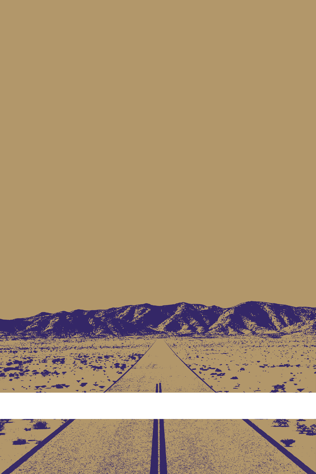 A view of Mercury Valley, Nevada, facing toward the northwest. The composition is rendered in light brown and purple. A prominent white line stretches across the composition near the bottom of the view.