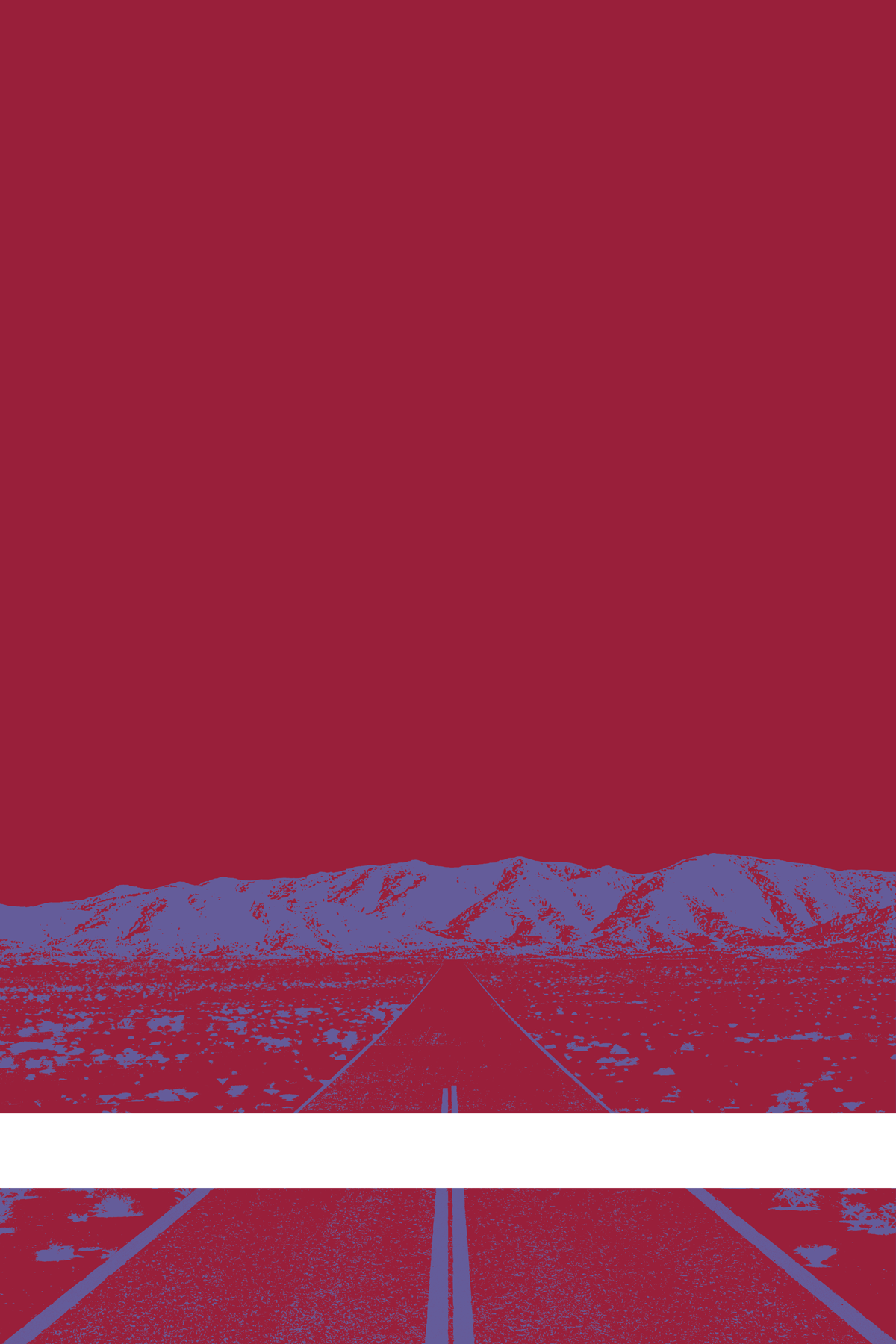 A view of Mercury Valley, Nevada, facing toward the northwest. The composition is rendered in red and light blue. A prominent white line stretches across the composition near the bottom of the view.