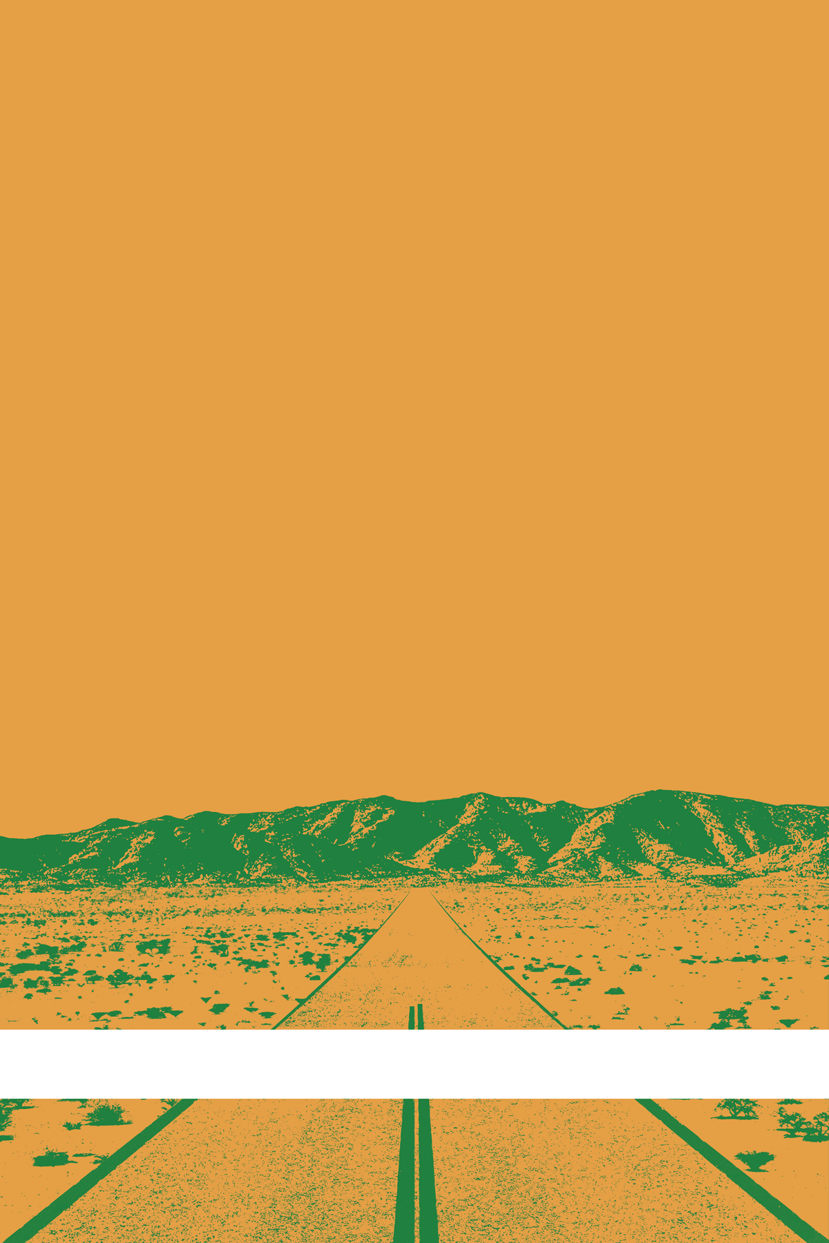 A view of Mercury Valley, Nevada, facing toward the northwest. The composition is rendered in orange and green. A prominent white line stretches across the composition near the bottom of the view.