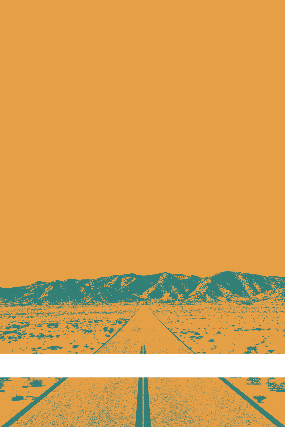 A view of Mercury Valley, Nevada, facing toward the northwest. The composition is rendered in orange and blue-green. A prominent white line stretches across the composition near the bottom of the view.