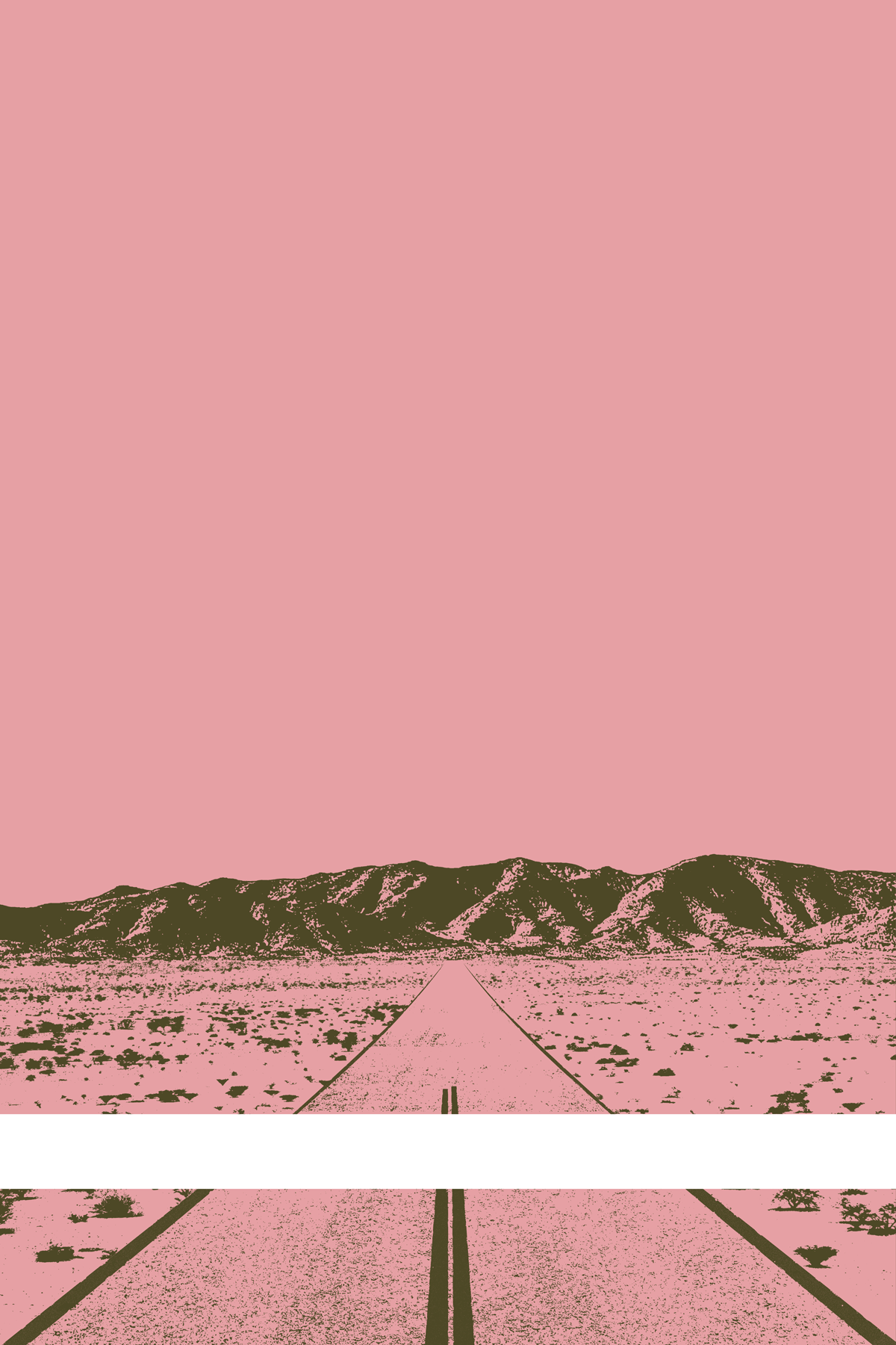 A view of Mercury Valley, Nevada, facing toward the northwest. The composition is rendered in pink and brown. A prominent white line stretches across the composition near the bottom of the view.