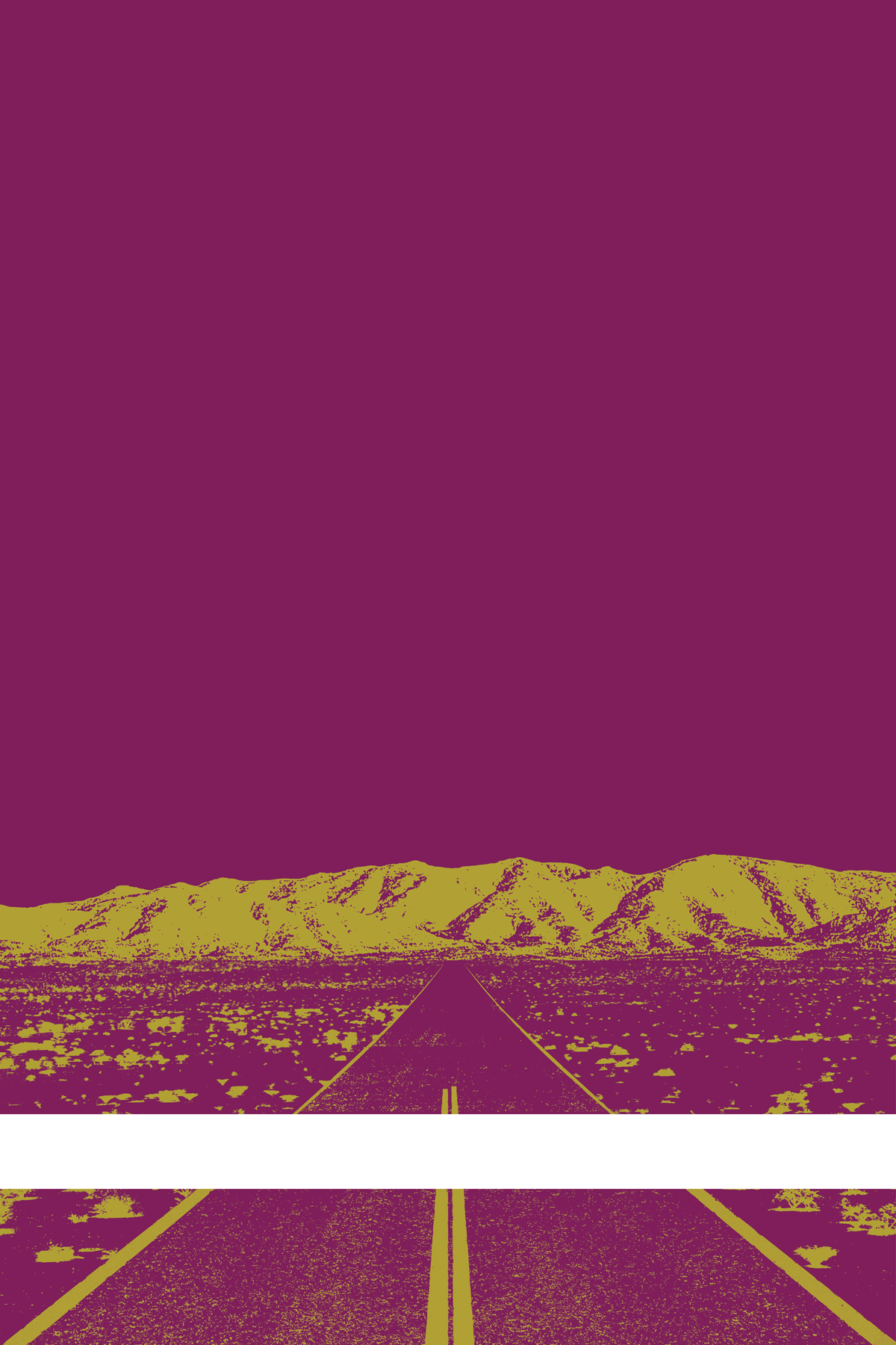 A view of Mercury Valley, Nevada, facing toward the northwest. The composition is rendered in purple and dark yellow. A prominent white line stretches across the composition near the bottom of the view.