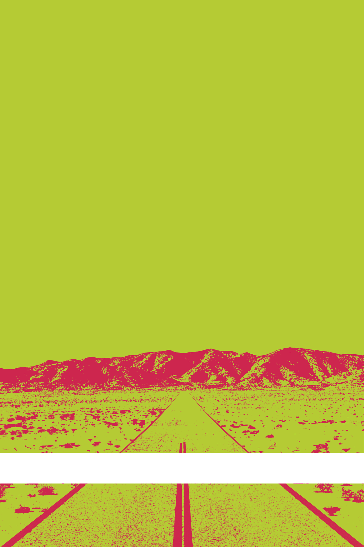 A view of Mercury Valley, Nevada, facing toward the northwest. The composition is rendered in yellow-green and red. A prominent white line stretches across the composition near the bottom of the view.