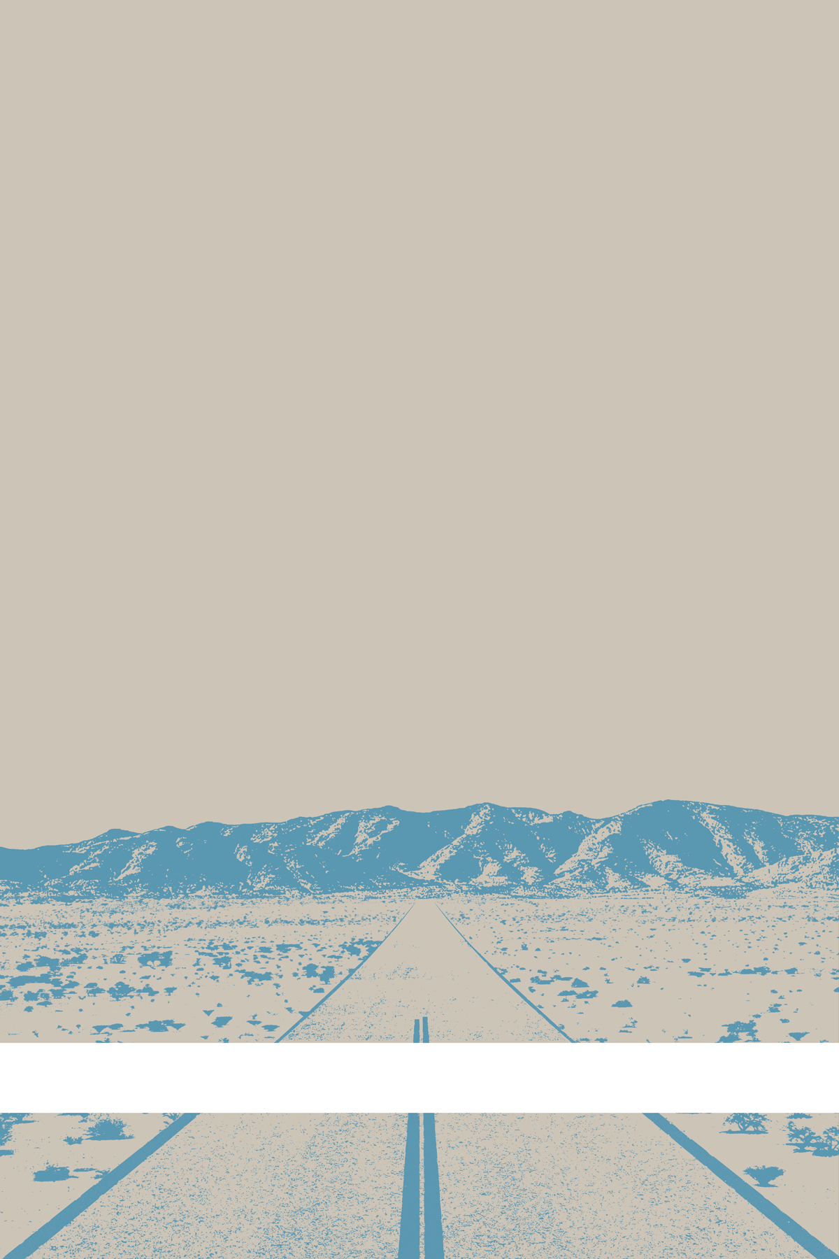 A view of Mercury Valley, Nevada, facing toward the northwest. The composition is rendered in gray and light blue. A prominent white line stretches across the composition near the bottom of the view.