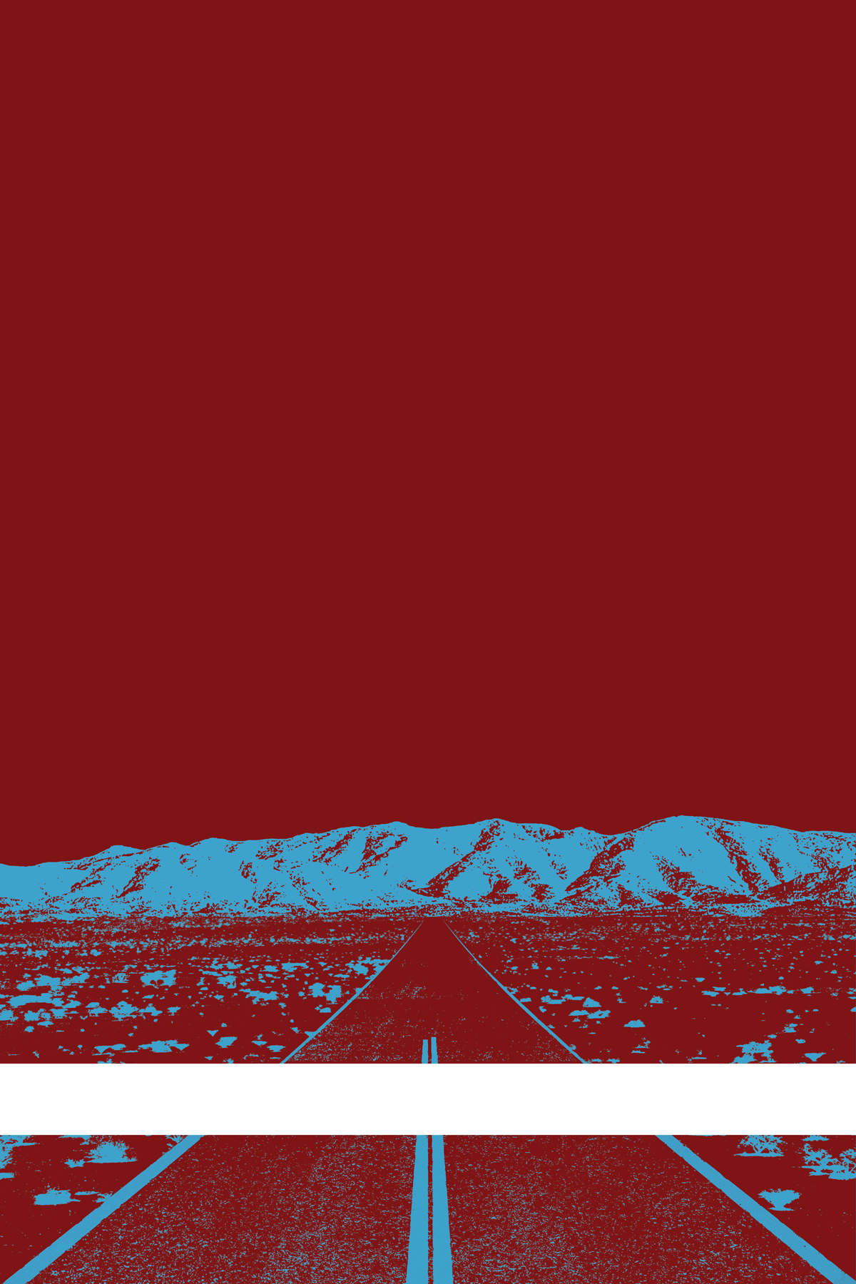 A view of Mercury Valley, Nevada, facing toward the northwest. The composition is rendered in dark red and light blue. A prominent white line stretches across the composition near the bottom of the view.