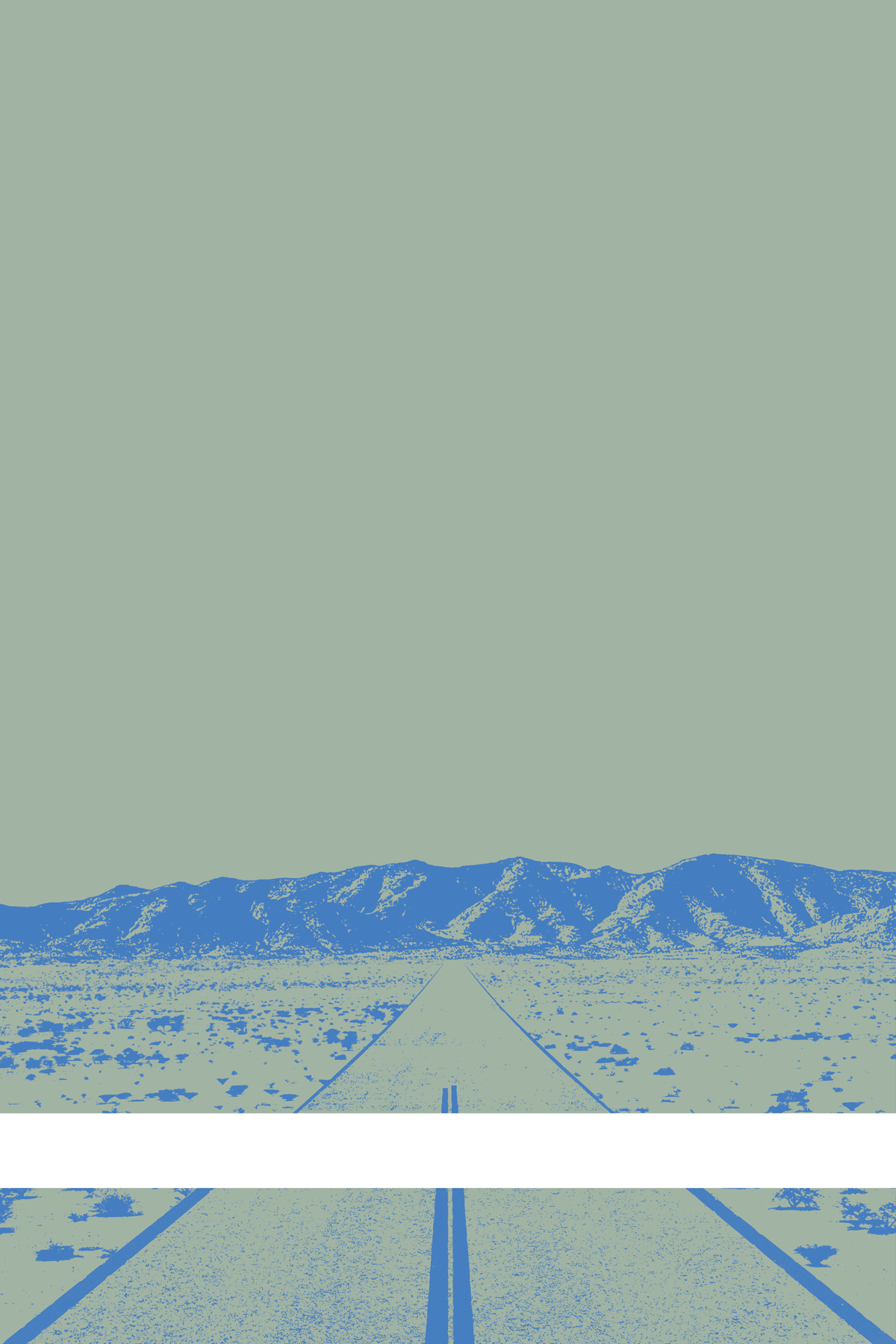 A view of Mercury Valley, Nevada, facing toward the northwest. The composition is rendered in grayish blue and light blue. A prominent white line stretches across the composition near the bottom of the view.