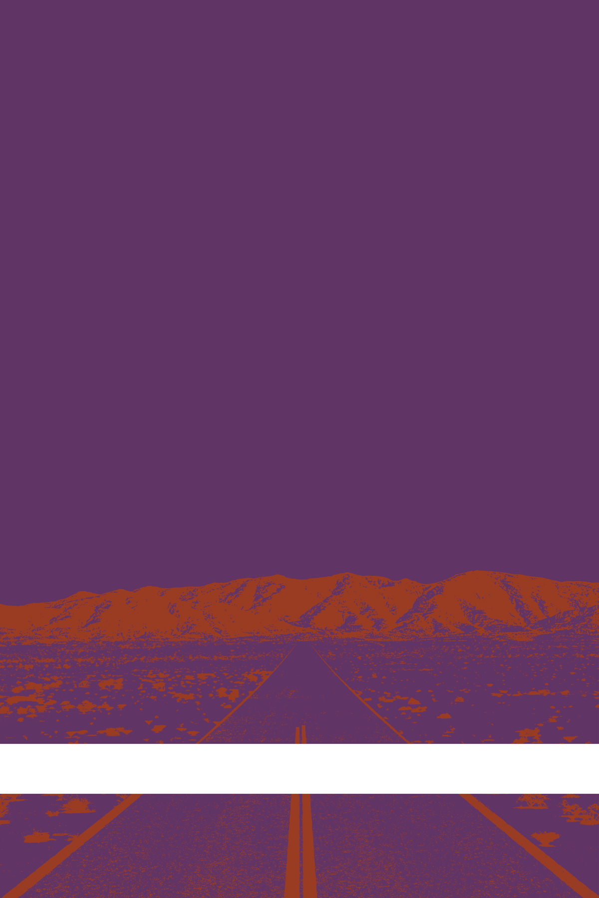 A view of Mercury Valley, Nevada, facing toward the northwest. The composition is rendered in purple and dark orange. A prominent white line stretches across the composition near the bottom of the view.