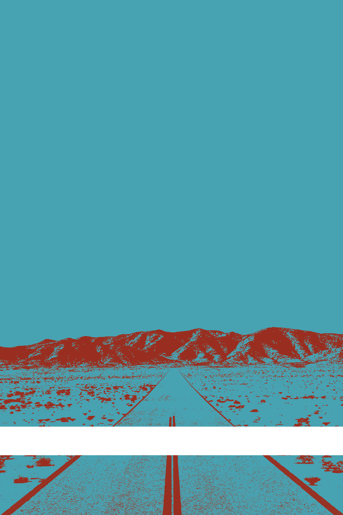 A view of Mercury Valley, Nevada, facing toward the northwest. The composition is rendered in light blue and dark red. A prominent white line stretches across the composition near the bottom of the view.