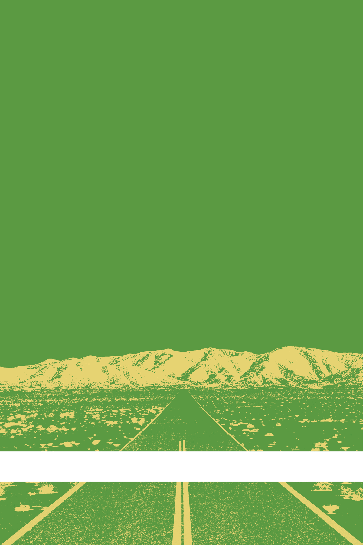 A view of Mercury Valley, Nevada, facing toward the northwest. The composition is rendered in green and light yellow. A prominent white line stretches across the composition near the bottom of the view.