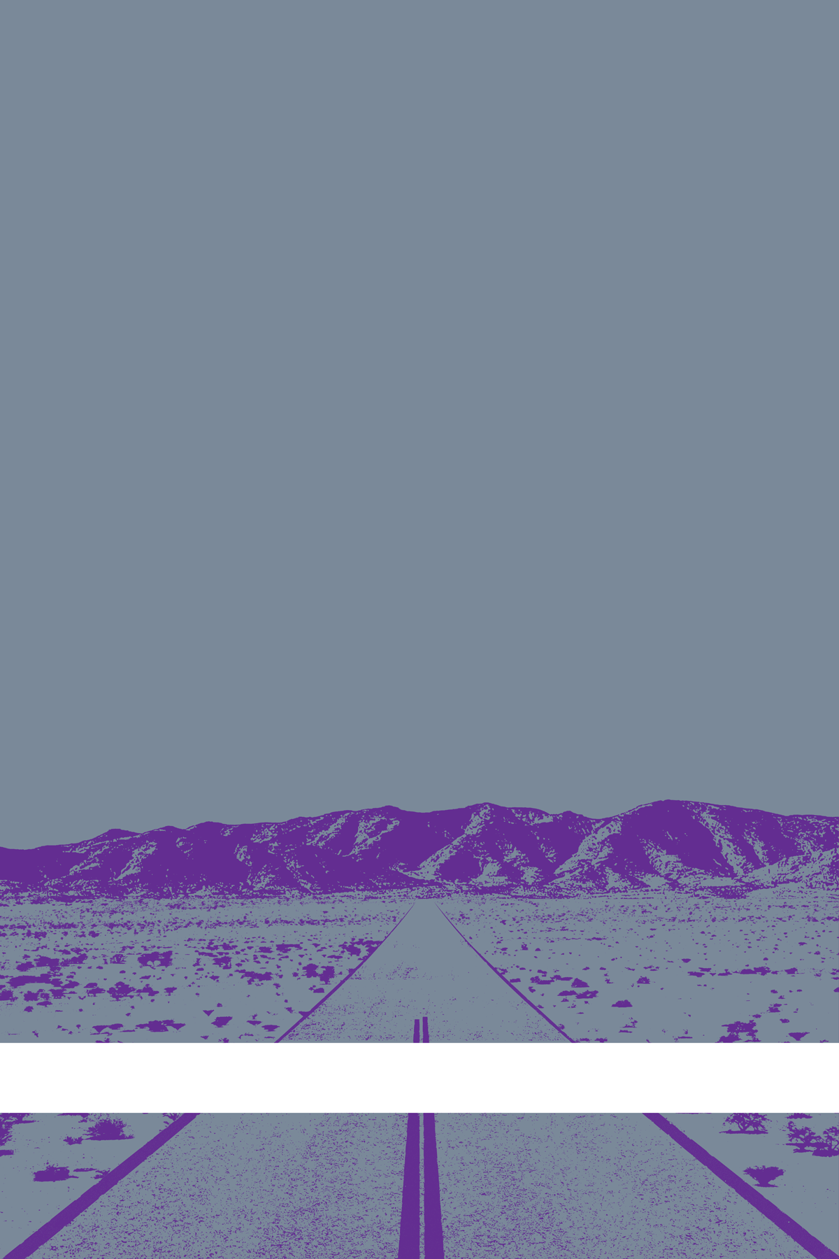 A view of Mercury Valley, Nevada, facing toward the northwest. The composition is rendered in light grayish blue and purple. A prominent white line stretches across the composition near the bottom of the view.