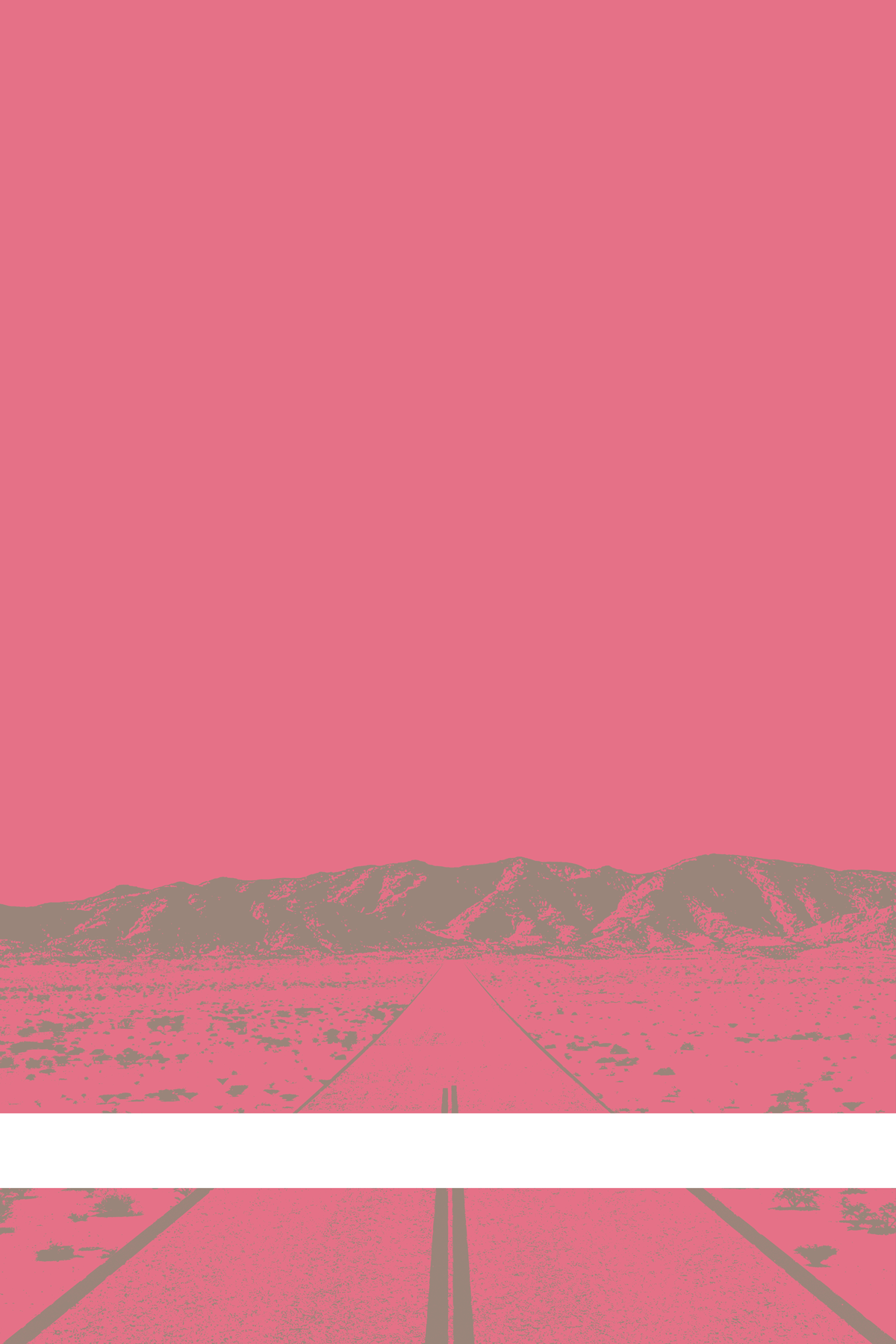 A view of Mercury Valley, Nevada, facing toward the northwest. The composition is rendered in pink and grayish brown. A prominent white line stretches across the composition near the bottom of the view.