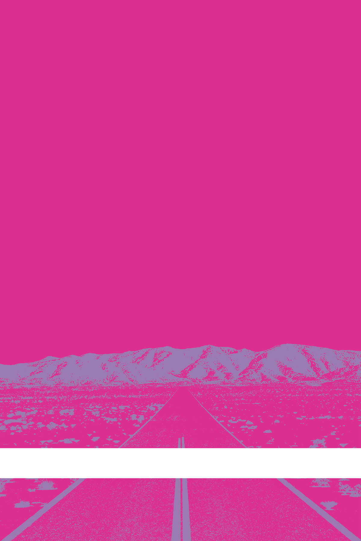 A view of Mercury Valley, Nevada, facing toward the northwest. The composition is rendered in pink and pale purple. A prominent white line stretches across the composition near the bottom of the view.