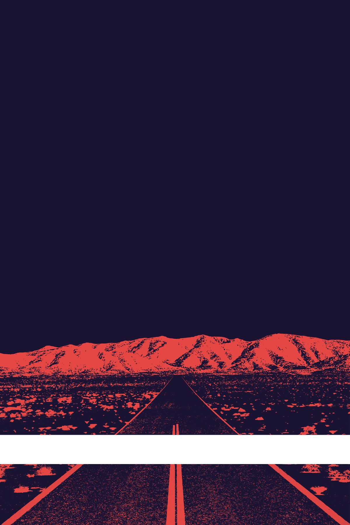 A view of Mercury Valley, Nevada, facing toward the northwest. The composition is rendered in dark purple and light red. A prominent white line stretches across the composition near the bottom of the view.