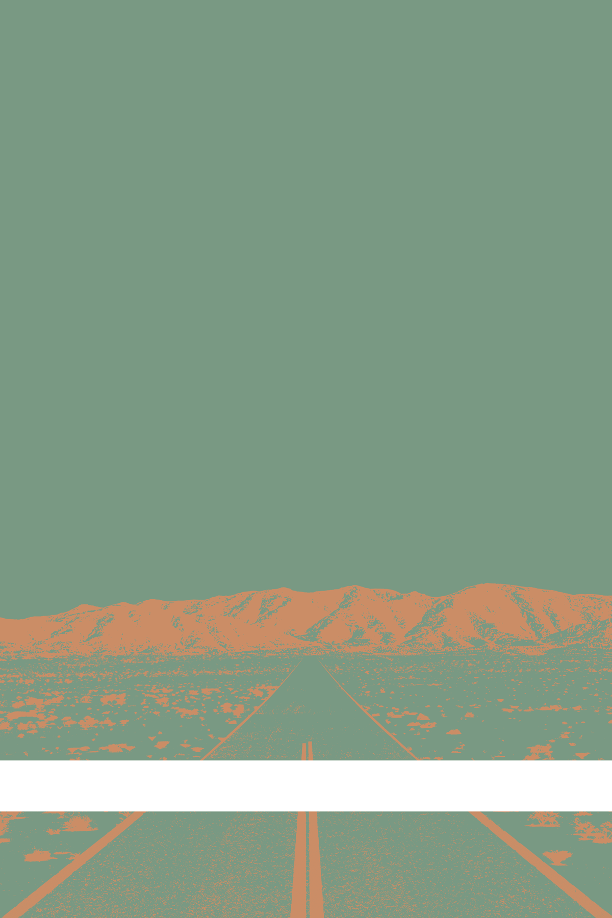 A view of Mercury Valley, Nevada, facing toward the northwest. The composition is rendered in light green and light orange. A prominent white line stretches across the composition near the bottom of the view.