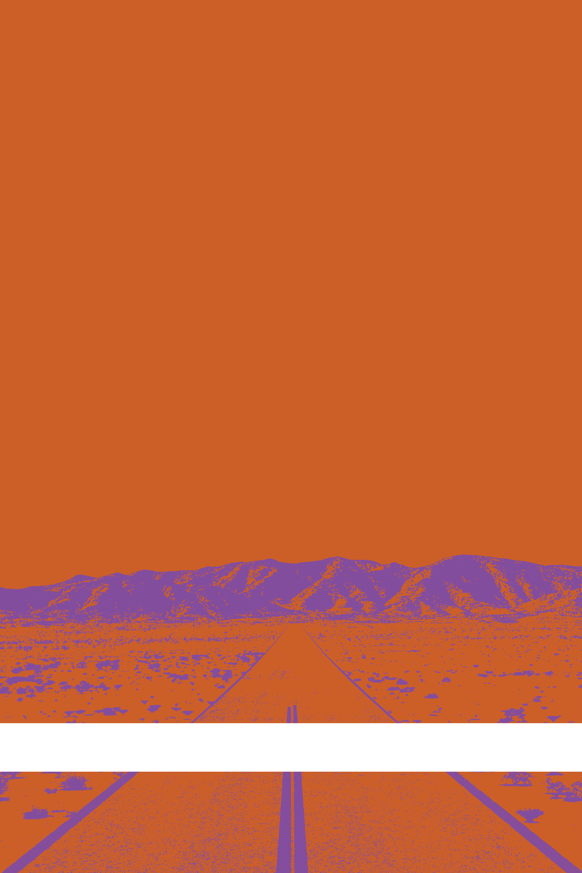 A view of Mercury Valley, Nevada, facing toward the northwest. The composition is rendered in dark orange and purple. A prominent white line stretches across the composition near the bottom of the view.