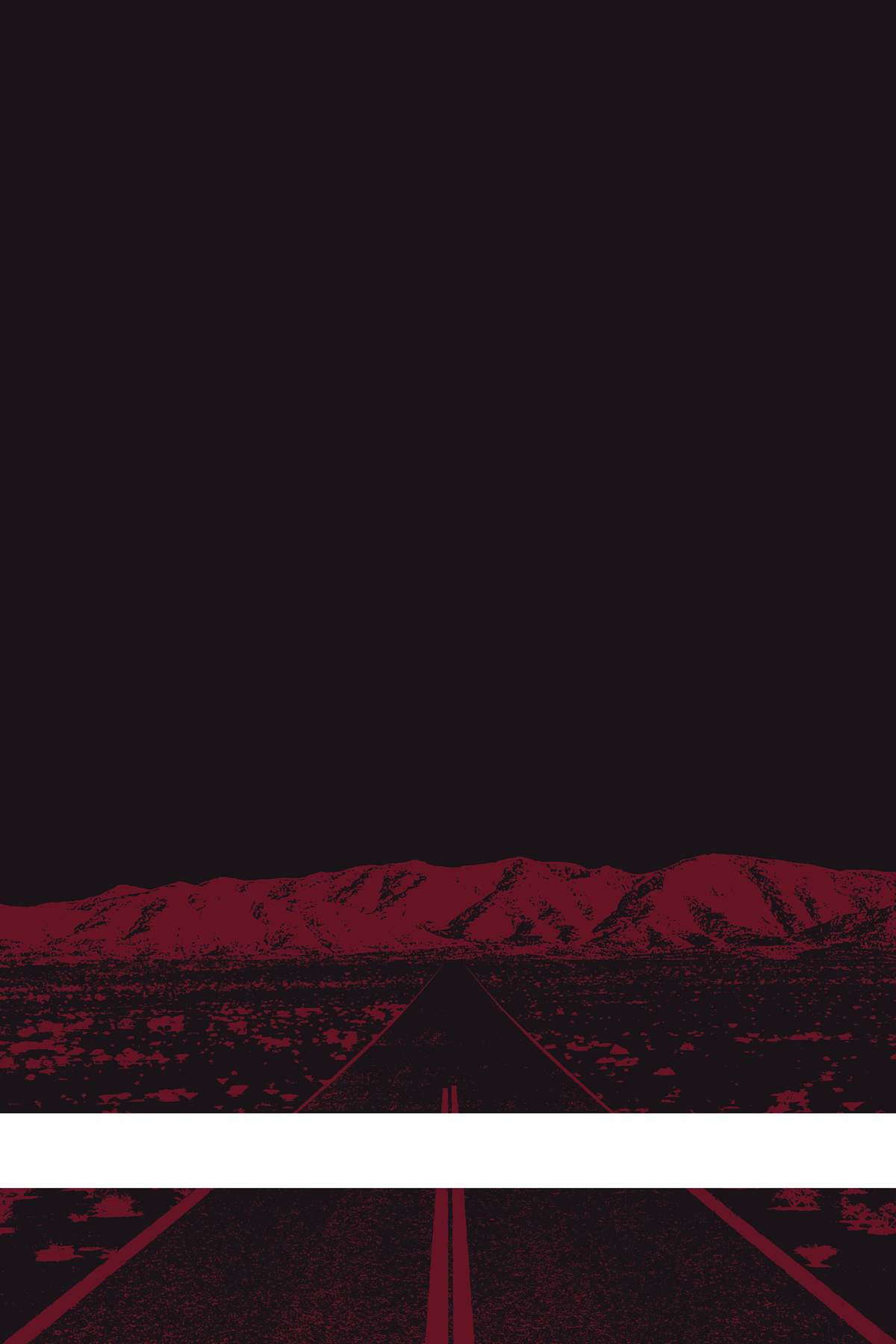 A view of Mercury Valley, Nevada, facing toward the northwest. The composition is rendered in black and dark red. A prominent white line stretches across the composition near the bottom of the view.