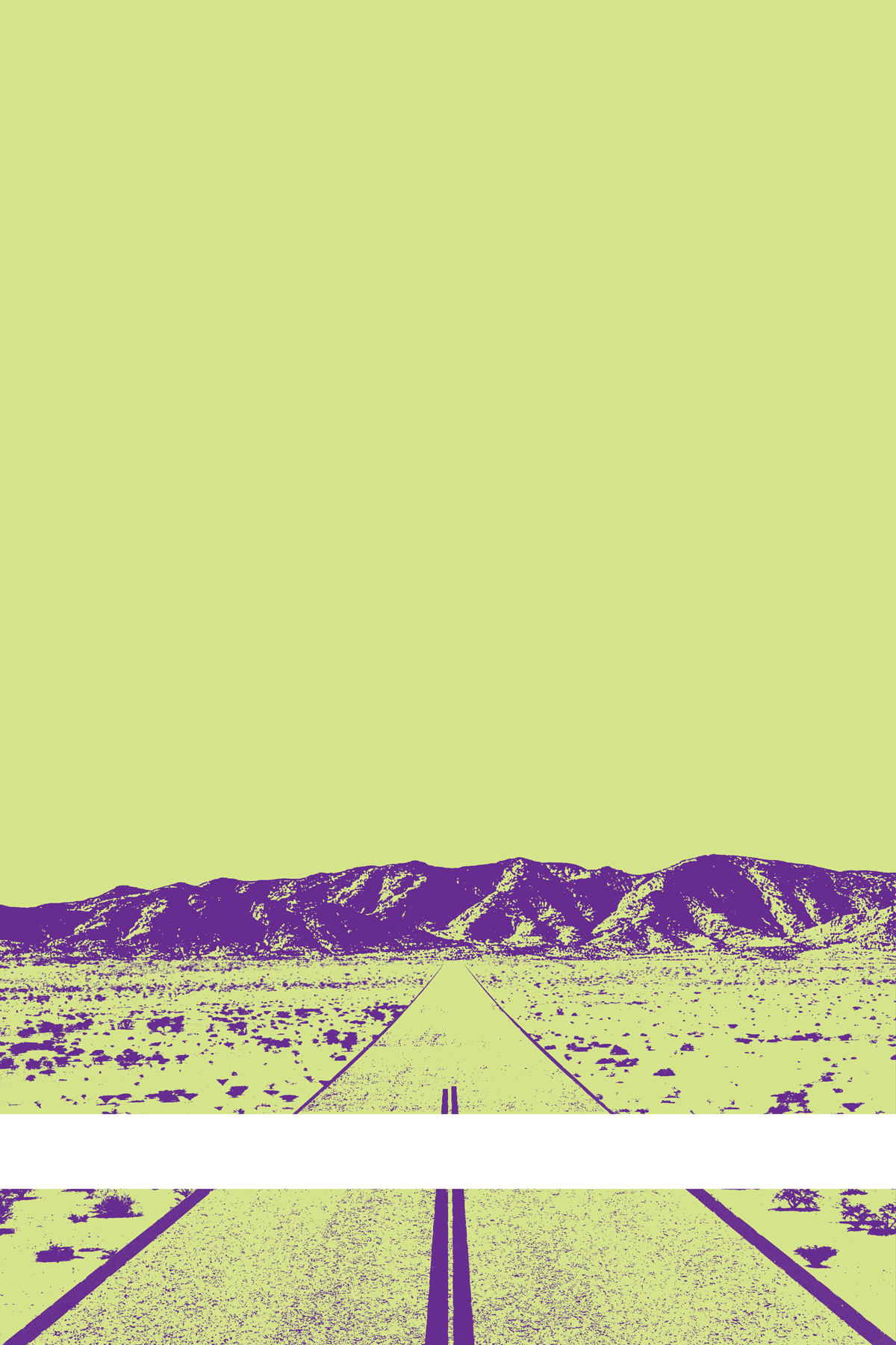 A view of Mercury Valley, Nevada, facing toward the northwest. The composition is rendered in light green and purple. A prominent white line stretches across the composition near the bottom of the view.