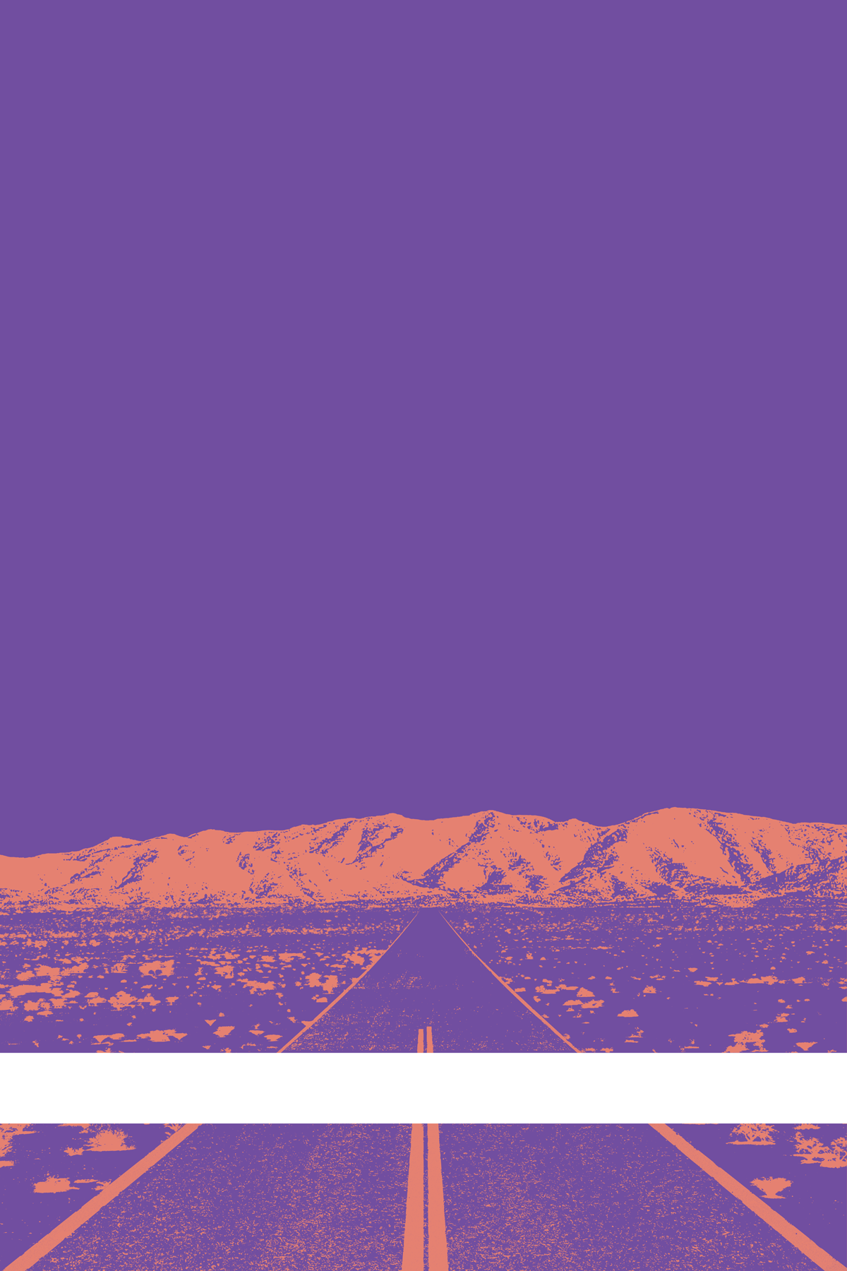 A view of Mercury Valley, Nevada, facing toward the northwest. The composition is rendered in purple and light orange. A prominent white line stretches across the composition near the bottom of the view.