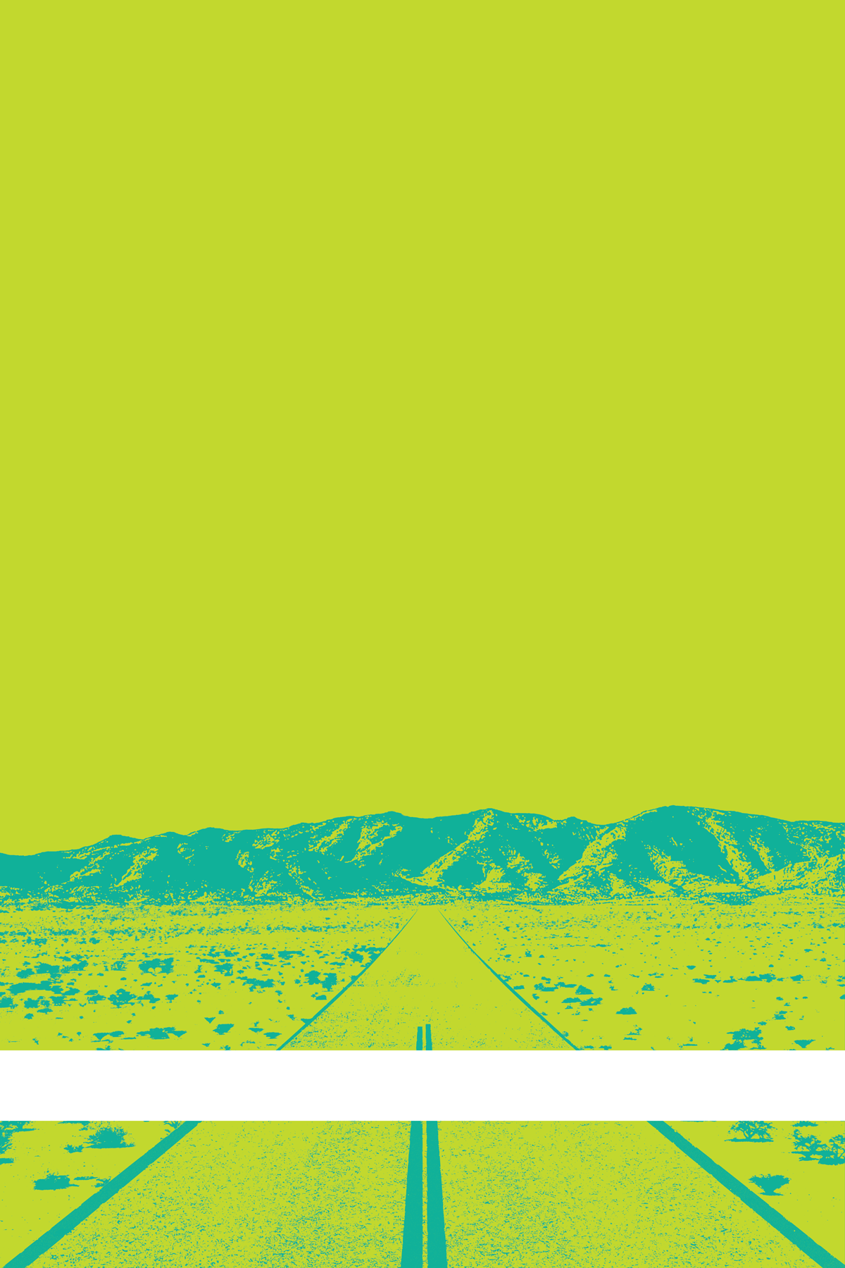 A view of Mercury Valley, Nevada, facing toward the northwest. The composition is rendered in yellow-green and light blue. A prominent white line stretches across the composition near the bottom of the view.