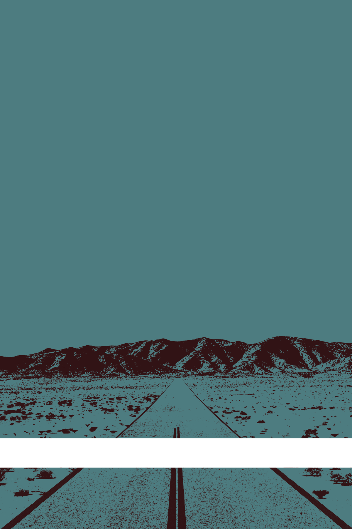 A view of Mercury Valley, Nevada, facing toward the northwest. The composition is rendered in grayish blue and dark dark red. A prominent white line stretches across the composition near the bottom of the view.