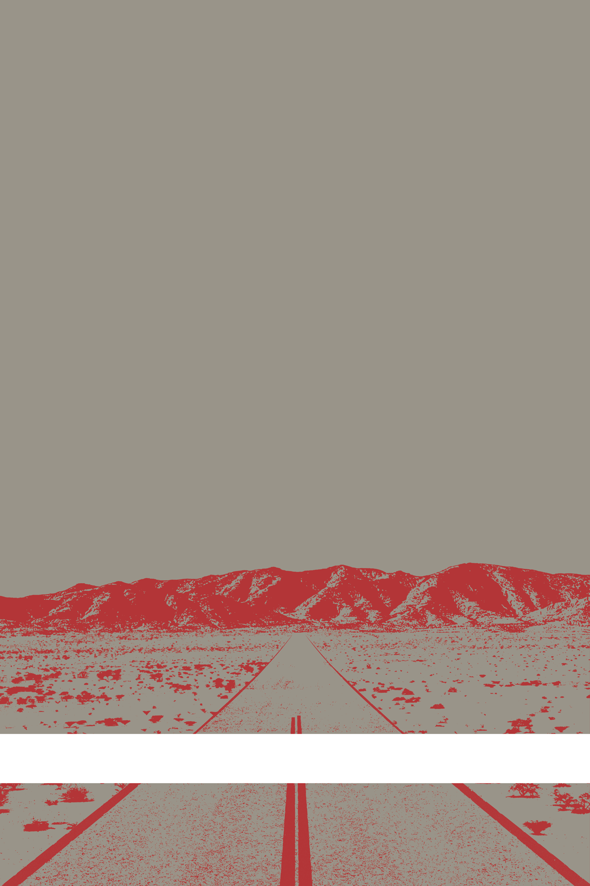 A view of Mercury Valley, Nevada, facing toward the northwest. The composition is rendered in gray and red. A prominent white line stretches across the composition near the bottom of the view.