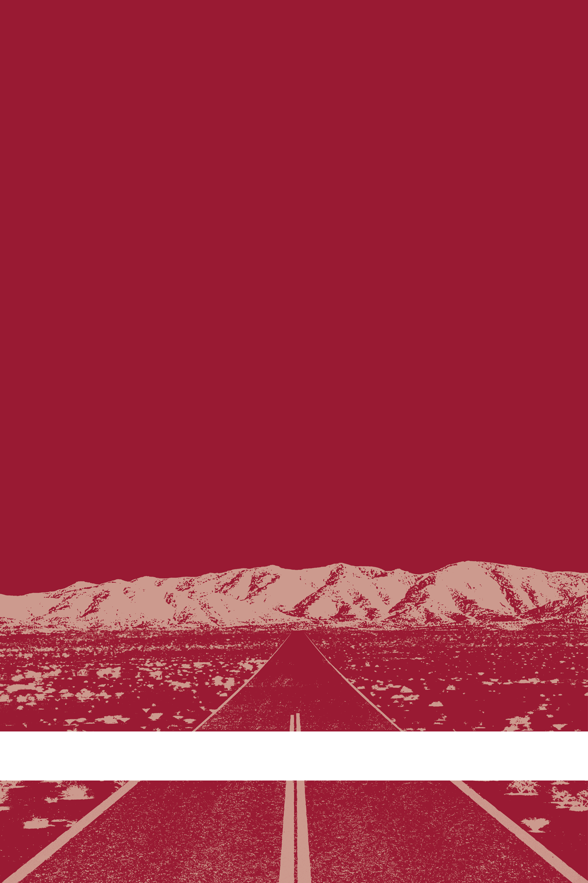 A view of Mercury Valley, Nevada, facing toward the northwest. The composition is rendered in red and pale pink. A prominent white line stretches across the composition near the bottom of the view.